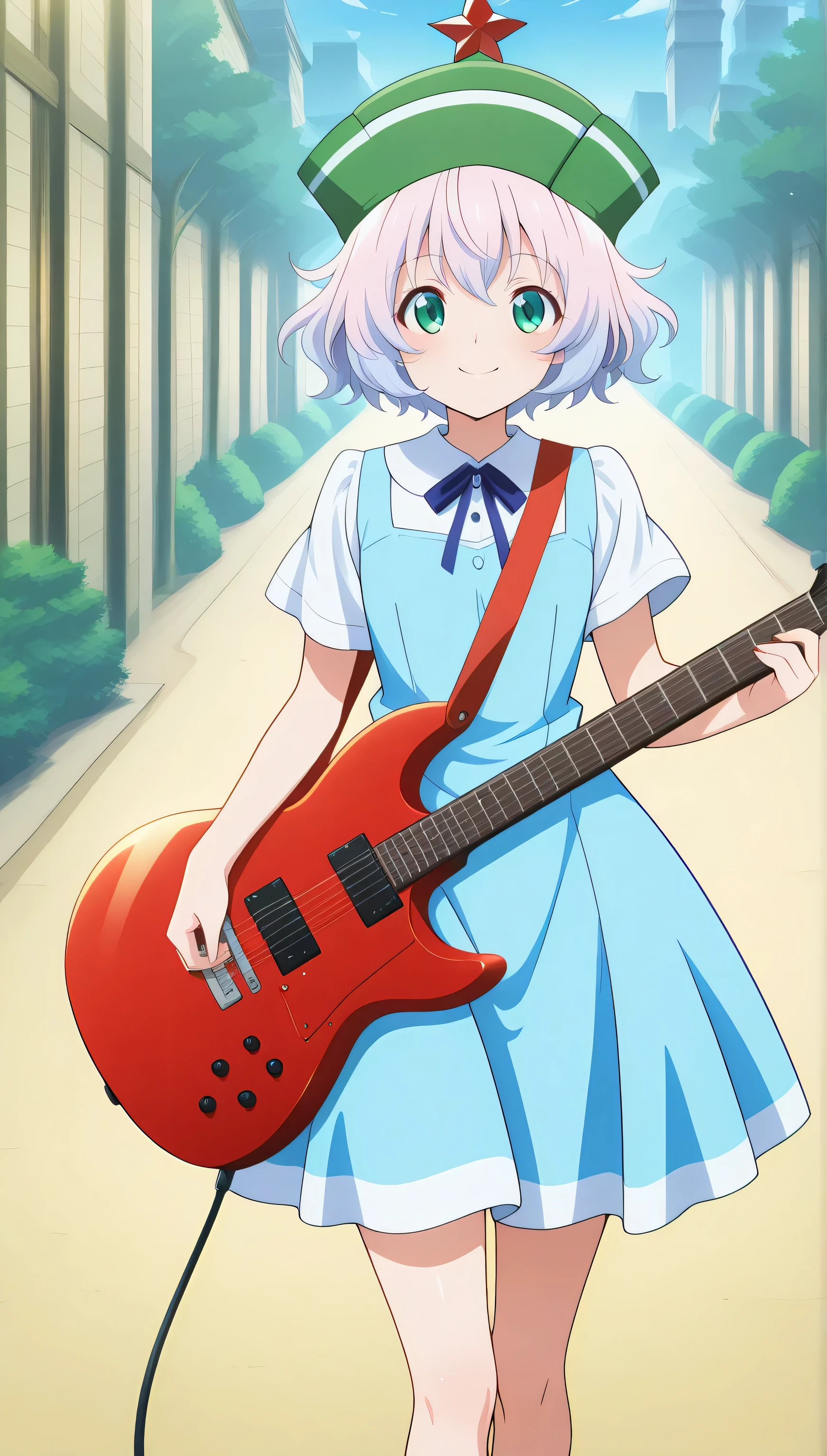 Lyrica and merlin,score_9, score_8_up, score_7_up,anime_source, source_anime, best background, detailed background, anime screencap,memory of phantasm style, lyrica, merlin,very pink hair,green eyes,tiny green tower hat, blue marine dress, dress, spectal guitar, looking at viewer, smile, solo, gentle smile, floating guitar, flying guitar, smile, floating on a outside scene,