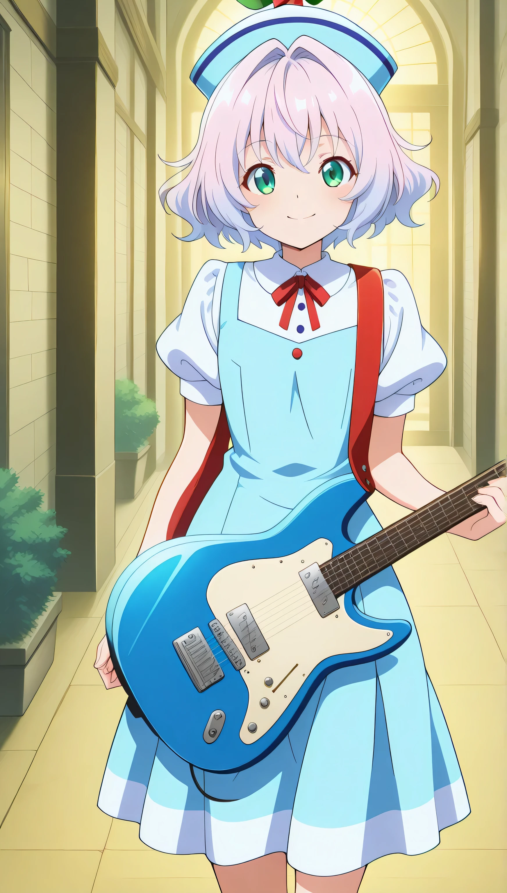 Lyrica and merlin,score_9, score_8_up, score_7_up,anime_source, source_anime, best background, detailed background, anime screencap,memory of phantasm style, lyrica, merlin,very pink hair,green eyes,tiny green tower hat, blue marine dress, dress, spectal guitar, looking at viewer, smile, solo, gentle smile, floating guitar, flying guitar, smile, floating on a outside scene,