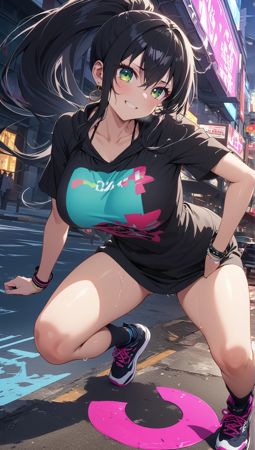 A Beautiful Cute Girl, Walking in the City Park. She has (Lush, Long Dark-Brown Hair), (Pink Eyes), (Extremely Enormous Breasts), (Very Wide Hips: 1.4), and a very Athletic and Muscular but still very Curvy Figure. She is wearing a ((Grey Gym-shirt, with Black accents)), ((Black Gym-shorts, with Pink Accents)), and (Pink Running shoes). ((Best Quality)), ((Best Detail)), (((1girl))), ((Perfect Anatomy)), ((Accurately Textured)),