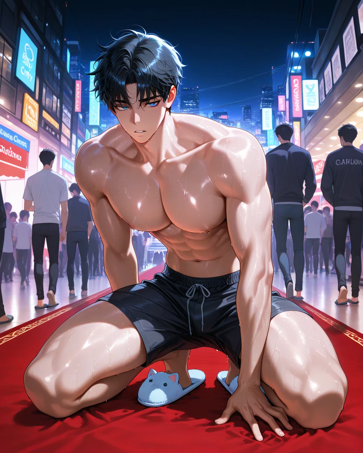 (absurd, high resolution, very detailed, hdr), masterpiece, best quality, amazing boy, detailed face, nakedness，Abs，professional photography, The alaped man did not wear a shirt, Stand comfortably，stand on all fours，full body photo，upper leg，small thighs，long legs with legs apart, Focus on your audience,18 years old 소년, amazing boy, [ a well-defined body ]，With fair skin，the light is even，soft shoulders，clavicle，short broken hair，youth，18 years old，slim young handsome man，white socks，Crotch sticks out，8팩 Abs，high quality，high details，amazing，really，big protrusion，The upper body is naked in the bathroom， vivid colors， Sexual tension， Grease gloss， cinematic lighting ， wide angle， masterpiece， best quality， Ultra-detailed， 16,000，