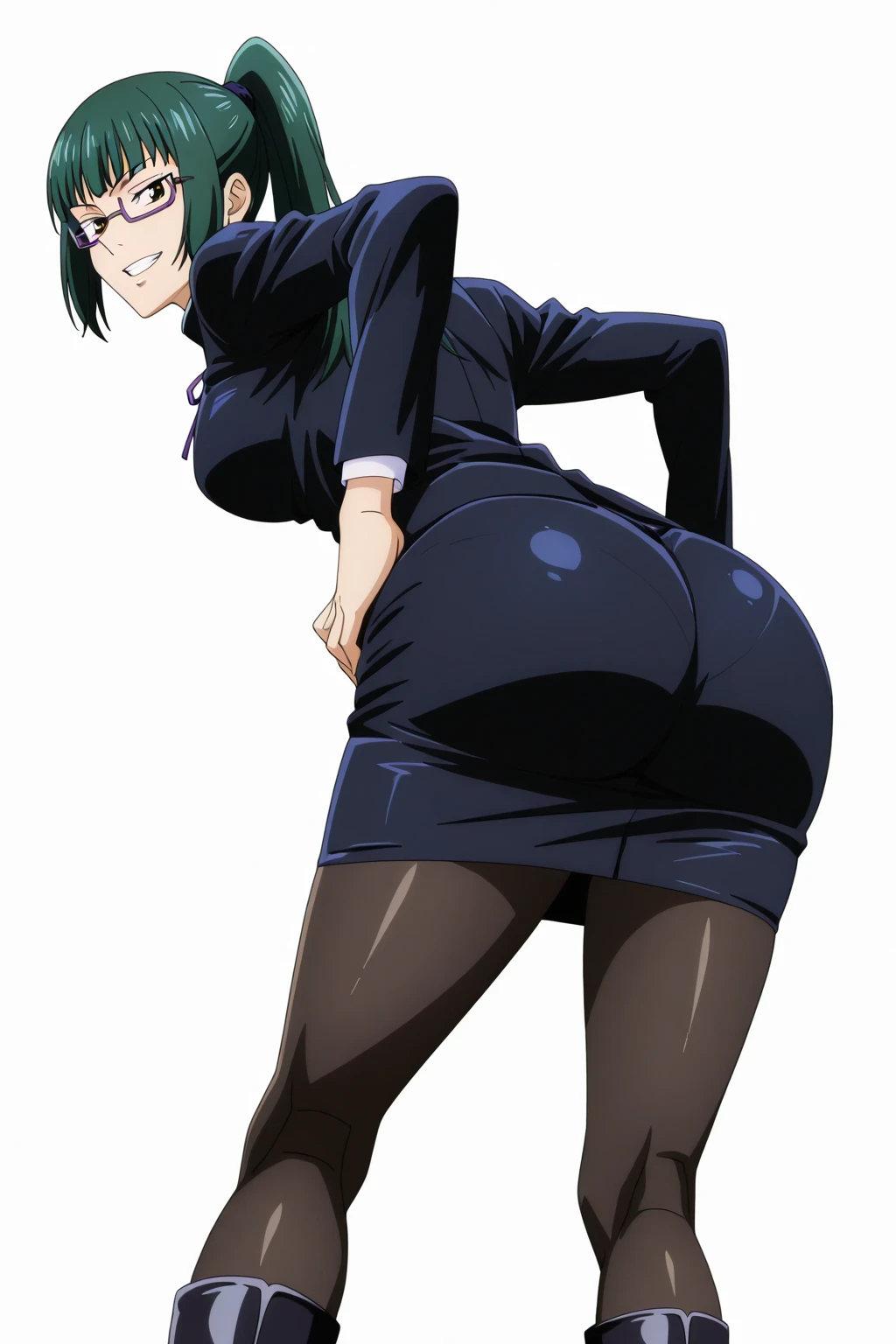 score_9, score_8_up, score_7_up, score_6_up, h1m3n0, 1girl, , mature female, Maki Zenin , green ponytail bang hair, glasses, yellow eyes, dark blue tight jujutsu uniform with tight skirt and black torn tights, perfect model body, naughty smile, balcony, bend over railing in seductive pose, showing her nude pussy under her skirt, looking back, from behind