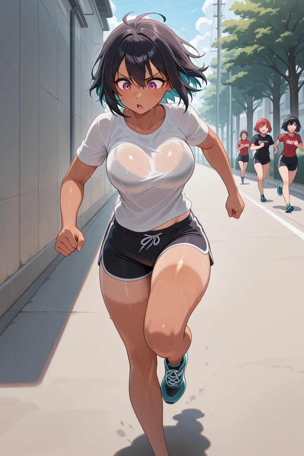 ((best quality)), ((masterpiece)), (detailed), perfect face, skinny waist, skinny thighs, 18yo teen girl, (((topless))), crowded street, (((embarrassed:1.5))), ((blushing:1.3)), (((running))), (((running shorts)))