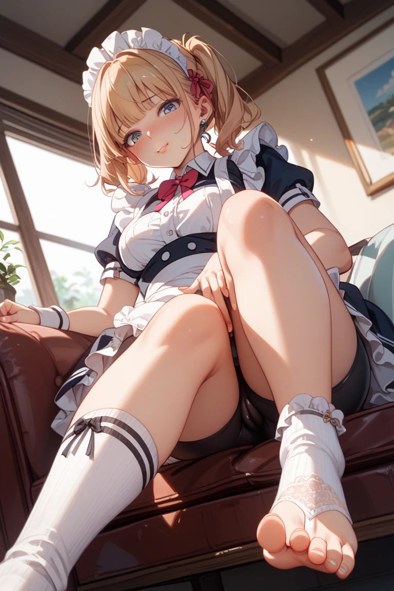 (masterpiece, best quality:1.2),illustration,8k,hd,1girl,solo,upper body,(portrait:1.2), elf girl, elf ears, large breasts,blond short bob hair, skirt,bow,pleated skirt,white shirt,red bowtie,short sleeves,collared shirt,parted bangs,white thighhighs,(summer sailor uniform, serafuku, red butterfly tie, naby pleated micro skirt, celeste string panties), sitting, squatting, spreading legs, (((torn clothes, dripping wet clothes))),