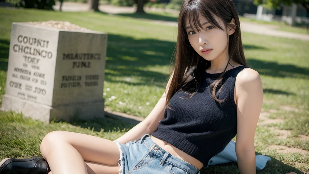 1 Female,((One girl)),((16 years:1)), cowboy_shot,(from_front:1.5),Eye of the worm,squat,自分のfeetを抱きしめる, On the grass,10 generations, Very young,純真なbeautiful少女たち, Idol&#39;s face, Delicate girl:1,feet,knees,(Elegant_Sandals:1),(Tunic blouse:1.0), (Ruffled tops:1.0), (trainer:1),(cardigan:1),Sleeves are longer than the wrist, overly too long sleeves, (denim_skirt:1.3),at the park,(knees_Away:0.8),(white_Elegant_pantiess are visible:1.3),(seamless_pantiess:1.3), (Camel Toe:1), (race_embroidery_panties:0.8), masterpiece, Highest quality, 8k,(beautiful_skin:1),Detailed face,Smooth bristles, Glowing black eyes,Sparkling eyes,Childish,RAW Photos, Professional Lighting, Film Grain, chromatic aberration,Expressionless, (Small eyes and face:1.0), (Bokeh:1.1),School Bags