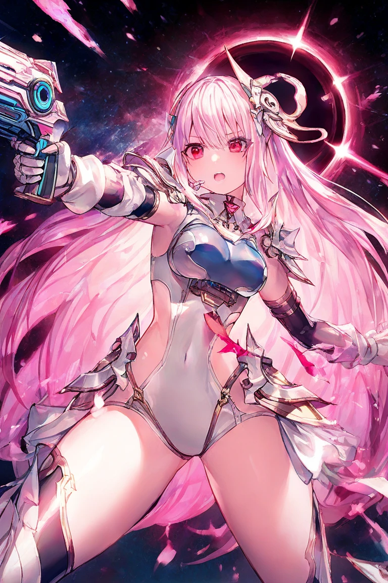 Solo, pale pink short pigtails, 20 years old, raped cyber witch girl, witch hat, white cyber leotard, very short cape, cyber ruffle apron, mecha short boots, fractal dark tentacles background, illuminated emerald emblem, sparkling red ribbon, navy cyber protector, noble pose, slim big breasts, slim big waist, brown belt, slim big navel,
