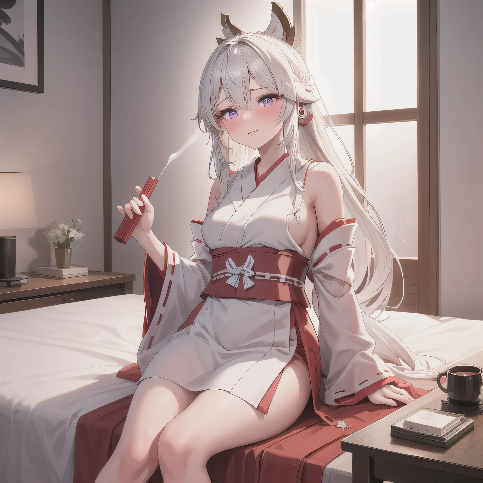 portrait of a beautiful girl with translucent skin and softly expressive eyes, gentle blush, subtly glowing gradient hair, delicate emotional line art with soft shadows, evoking a melancholic and enchanting mood. She is wearing a traditional red and white Japanese shrine maiden outfit (miko attire), sitting on the edge of a simple bed in a modest Japanese business hotel room. On the table nearby is a moist hand towel. She leans slightly forward, holding both hands playfully in front of her mouth, as if imagining holding something big and delightful. Her lips are softly parted, and she has a cheeky and flirtatious expression. No food or objects are being held. White hair, long hair, purple eyes.