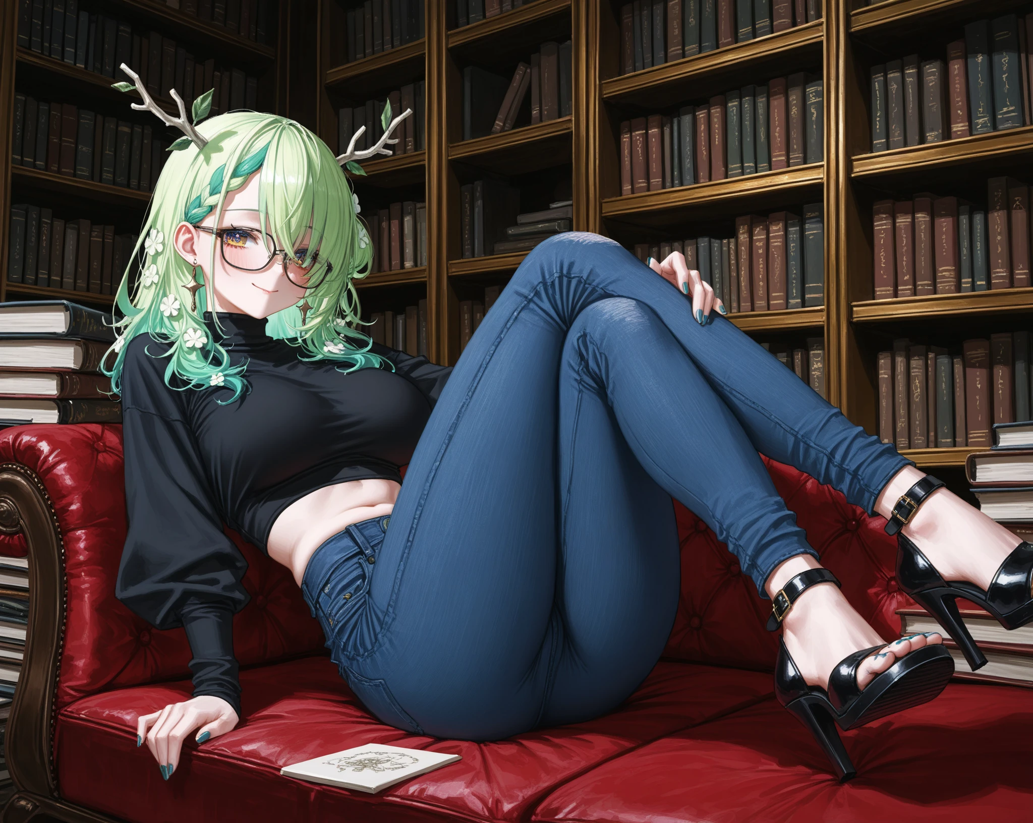 8k, masterpiece, best quality, highly detailed, 1 girl, tiefling, warlock, multicolored hair, very short straight hair green highlight hair on white hair, strippled hair, wearing glasses, round glasses, earrings, red eyeshadow, long eyelashes,navel piercing, blushed cheek, necklace, collarbone, high heels, mole, glamorous, purple and teal clothing, villainy, smirk, seductive face, fullbody view, rings, looking at viewer, sitting on desk, demon horns, solo, hand touching cheek, library, black lace gloves, holding book, miniskirt.