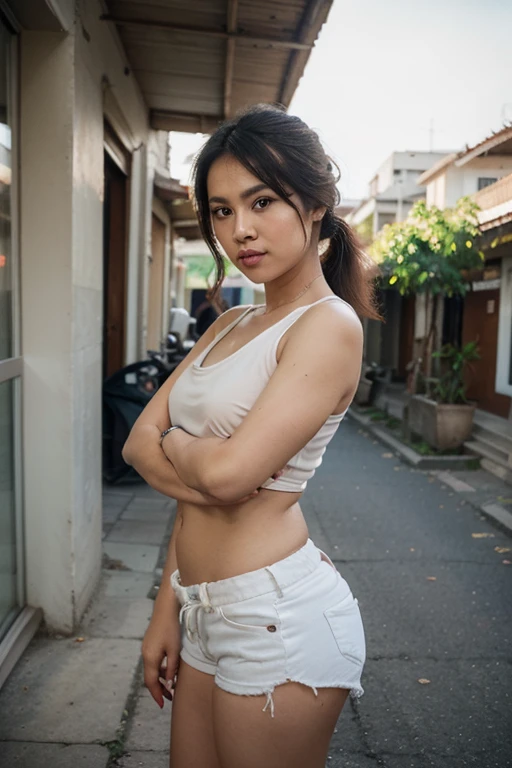 Thaifacemixx, Full-naked body shot, 1woman smiling, wearing bra, short panties, ((Standing in the middle of an alley, there was a lot of remains food scrap on both sides. A row of wooden shophouses with dull light. )), realistic, medium breasts, blue eyes, blurry background, photorealistic, ultra detail, best quality, high resolution, 8k, 4k, HDR, film grain, high saturation,realistic, scenery,