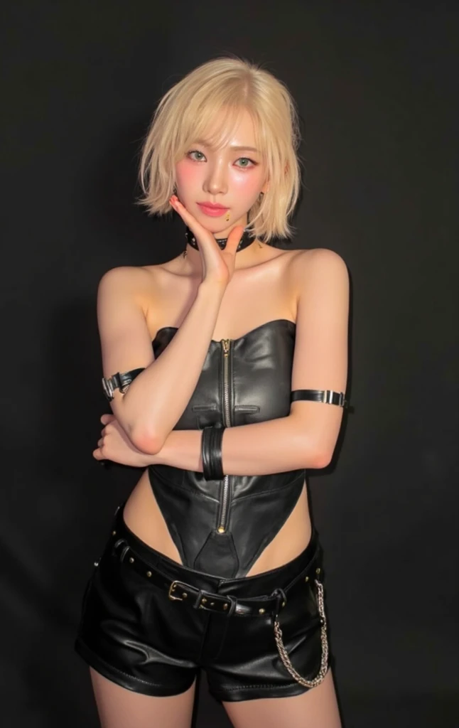 8K, Top Quality, Intricate Details, Ultra Detail, Ultra High Resolution, Masterpiece, close up shot, (full body: 1.1), Slender, Smile, (Makeup: 0.4), ,((purple eyes, green hair, bangs, short hair, random short hairstyle)), (Fluffy  Eyes: 1.21), (()), 1girl, solo, 1 girl, (()), close up shot, , ((tall)), (((fit body))), (((slim face))), sharp face, ((mini open vest, leather open vest, torn leather, open zip leather, bikini short))  ,(detailed face), sharp face, small lips, , ,(( )) ,, ,
 ((,no bra, braless )), , (( )), detailed face, detailed breast, large breast ,huge breast,  detail nipples ,, Narrow Waist, Skinny, tall , 190 cm tall, Muscular, Navel, Exposed Abdomen, Pointed Chest,, Beautiful girl with accentuated slender abs: 1.4, Six Pack Abs: 1.4, , Perfect Body, detail legs, (( dark background)), black background,