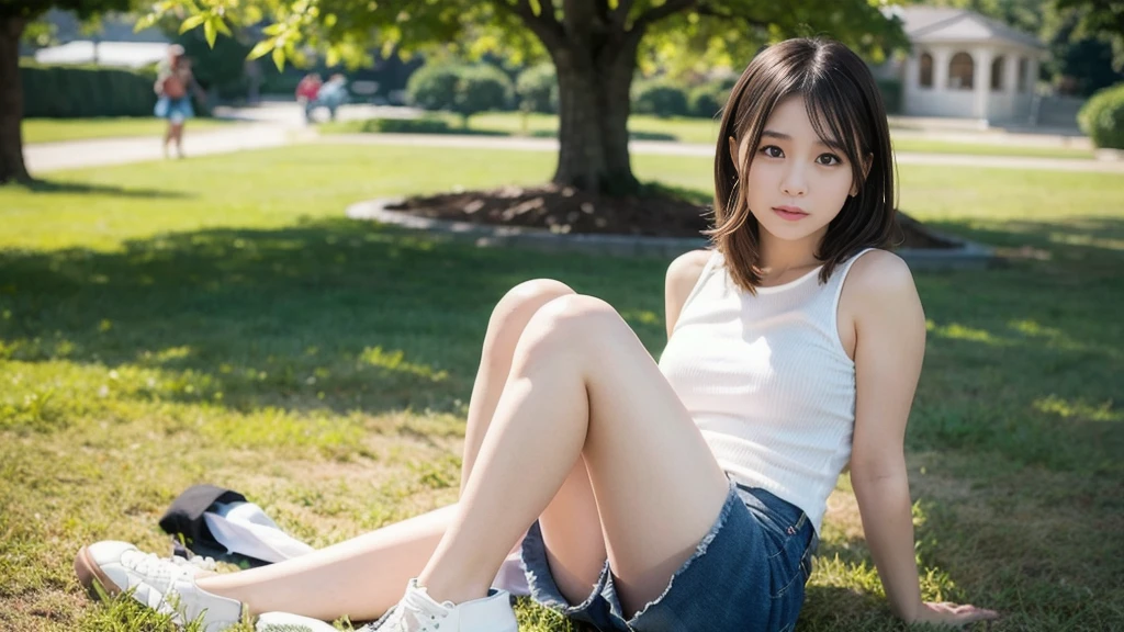 top-quality,ultra-detailliert,​masterpiece,realisitic,Photo Real,Bright lighting,Perfect Anatomy、1 girl、(A 12-year-old girl, Super Cute、小柄、Normal breasts、Innocence、Squat with your legs open:1.2)（T-shirt wide open on the chest、cleavage of the breast、Mini Skirt Panties -:1.4）Thin smile,perfect glossy skin,flawless skin,((accurate hands without incongruity:1.4) during daytime,a park、(Focus on the knee:1.4)