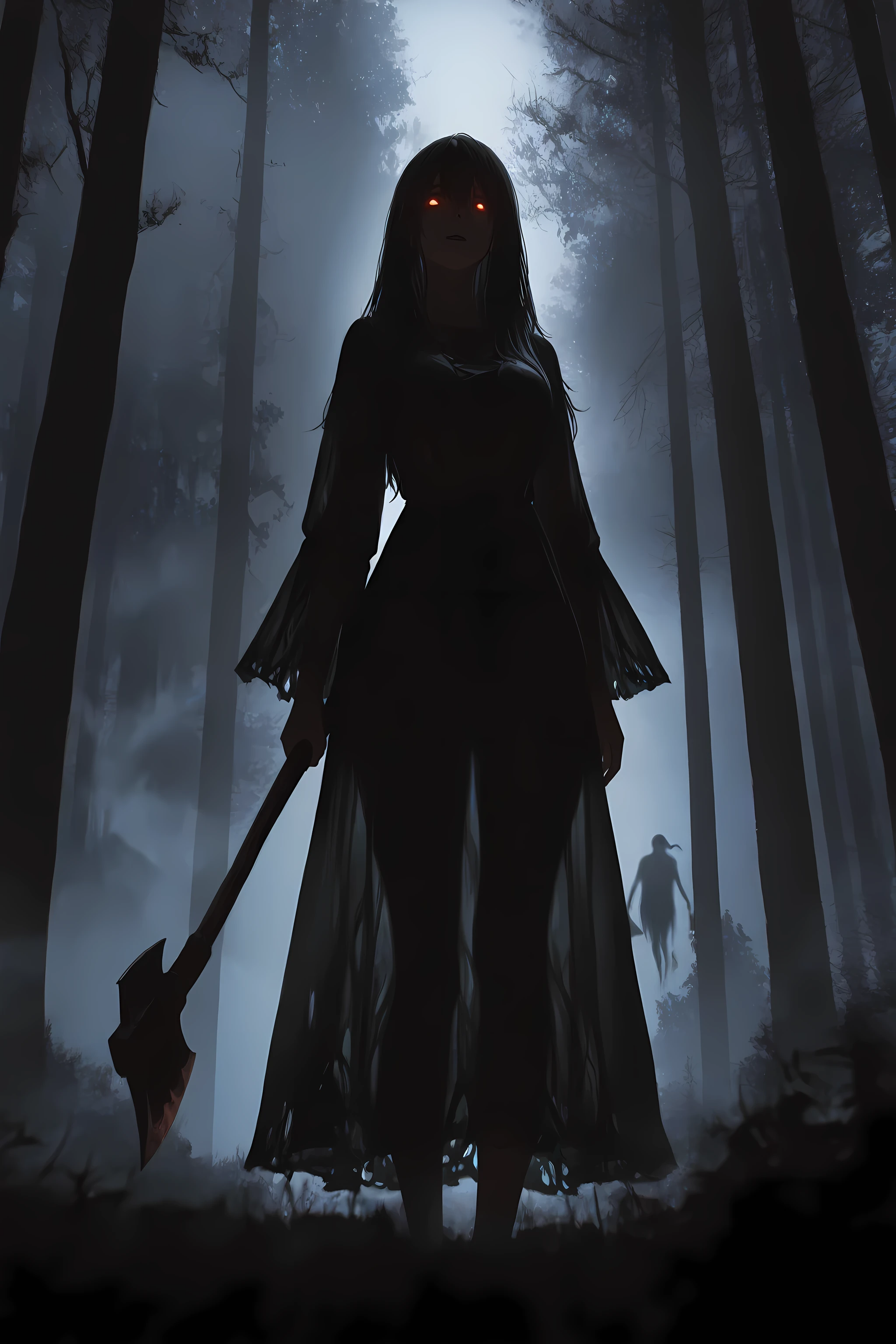 masterpiece, best quality, very aesthetic, ultra-detailed, absurdres, 1girl, silhouette, holding a axe, standing alone, long hair, tattered dress, backlight, eerie mist, creepy atmosphere, horror theme, dark forest, glowing eyes, night, cinematic lighting, low angle, foggy background, backlight silhouette, spooky, ghost, urban legend