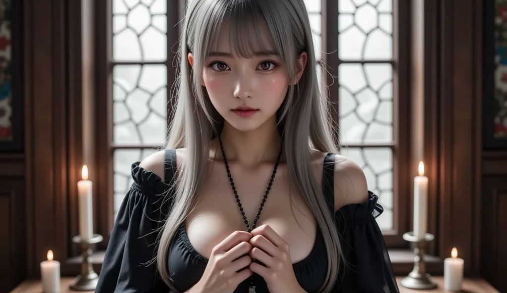 (masutepiece: 1.3), (max resolution: 1.2), (Ultra HDTV: 1.2), cinematric light, 8K resolution, Detailed eyes and skin, detailed facial features, , (Sharp Focus: 1.2), (Focus on Face:1.2),Perfect Style, Beautiful face, acurate, Anatomically correct, Highly detailed face and skin texture, Detailed eyes, Double eyelids, Thin eyebrows, eye liner、Natural cheeks, Glossy skin, Fair skin: 1.2, (Glossy lips: 1.4),、 (Shy look: 1.2),Highly detailed facial and skin texture, Detailed eyes, Double eyelids, Natural cheeks, , shiny lips: 1.4,Exposed cleavage、(A large amount of sperm in the chest:1.4)(Large amount of sperm in the thighs:1.2)、 red blush、humiliated、impatience、dismay、Frightened、glares、Sexually arousal、Provocation、embarrassed from、Open knees、open one's legasturbation behavior:1.6)、touches crotch、White underwear、White bra、Shiny little earrings and necklaces、、Disheveled clothes、Dressing、Exposed panties、Wearing sweat、sodden、Sheer underwear、Full body like、 20yr old、 Neat and clean woman 、Wavy Hair、 Semi-long hair, Big, upturned breasts、in woods 、White-silver hair、Green ash eye,(Monastic uniforms:1.5)、breasts veins、
