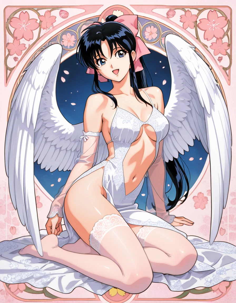RanmaChan, Sexy, (Doggystyle:1.2), Tabletop, (Penetration:1.2), (Red hair, (Long pigtails, braided), Black hair tie, Medium thick bangs), Blue eyes, Glamorous body, (Angel wings, Big), (Medium boobs:1.6), Beautiful cleavage, (White elbow gloves), ((Luxurious dress, Pure white)), Waist:1.6, Medium ass:1.4, (Flapping in the sky, Flying in the sky, Sexy pose, Big), (4 fingers, 1 thumb), (Taken, Front, From below), (Sky background, Clouds, Sun, Birds, In the sky), (Ultra-detailed animation, 32K ultra-high definition, Masterpiece)