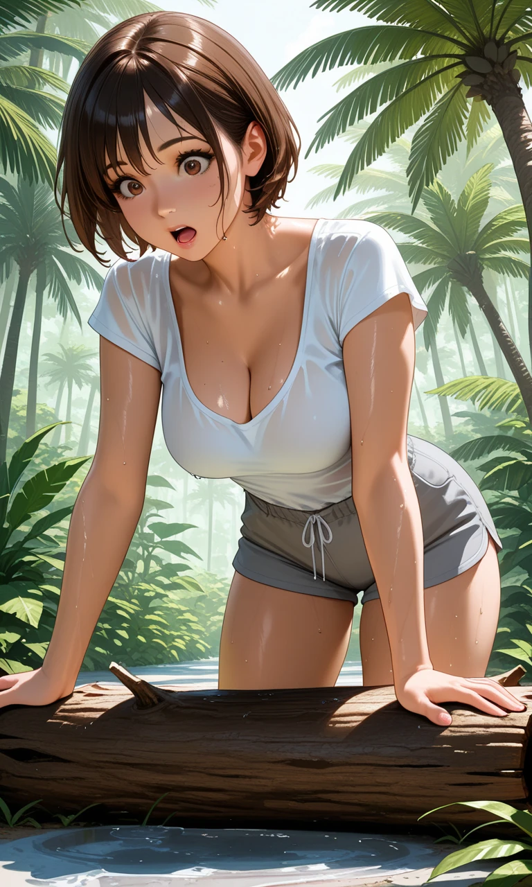 photo of mlp Meowko, RAW, beautiful woman, ((portrait)), ((detailed face:1.2)), ((anime, face, anime facial feature, clear skin, glossy lips, shiny luscious lips, clear skin), (short lesbian haircut, brunette: 1.55), (perfect proportioned body, Strong, muscular, narrow waist, narrow hips, skinny, large breasts, cleavage) (stream of creamy liquid spraying all over her face making her soaking wet:1.5)), full body, (high detailed tropical waterfall), swimming in a pool, (realistic photo, best quality, detailed), (8k wallpaper), (cinematic lighting, beautiful light, (day:1.3)) (sharp focus, intricate)