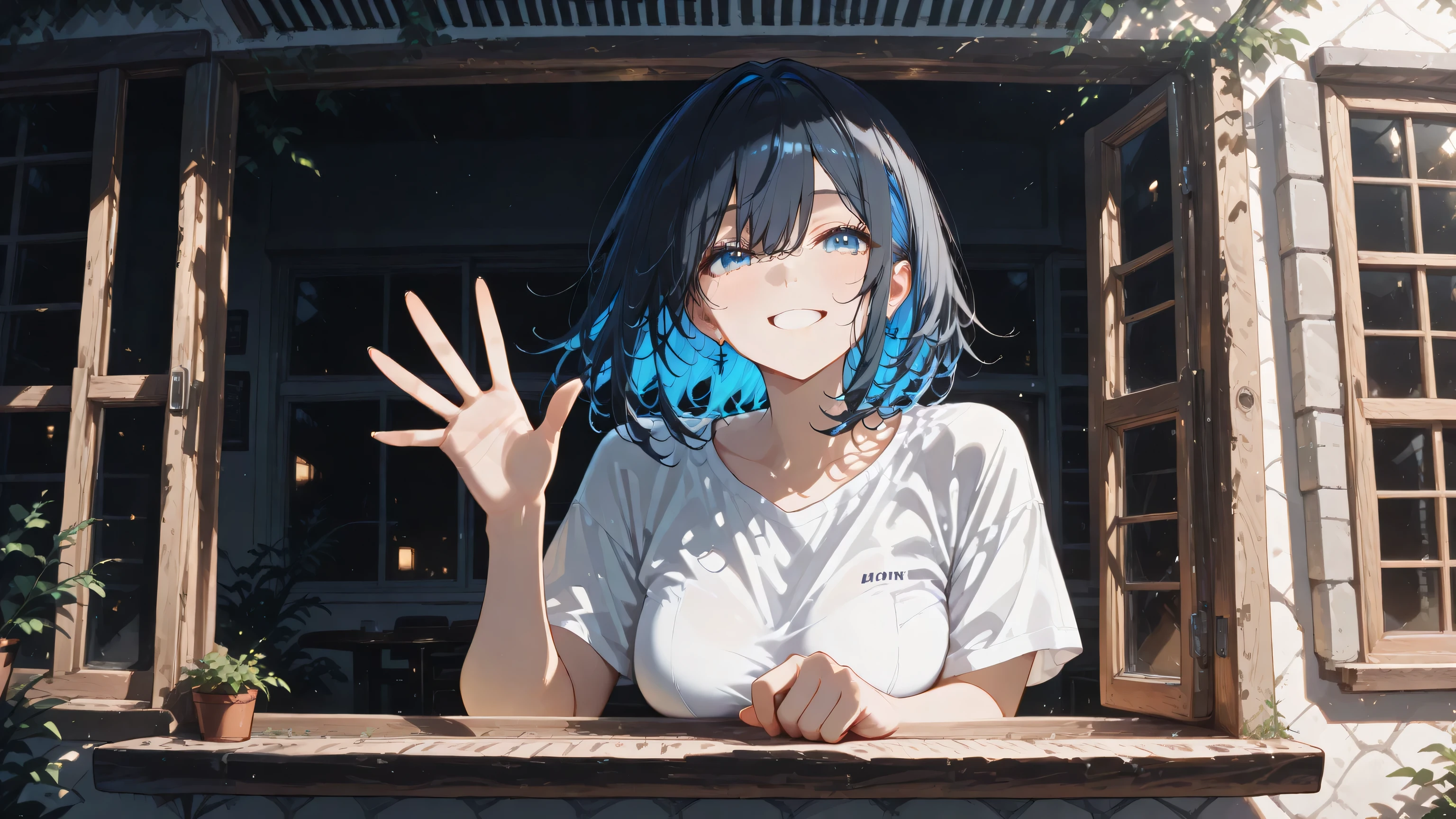 masterpiece, one girl, black medium hair, short cut, blue inner hair, asian, blue eyes, wearing jean, white T shirt, opening the window, smiling, waving towards outside, spring wind