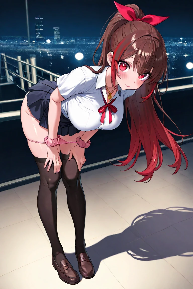 Best Quality, High resolution, Unity 8k壁纸, (Illustration:0.8), (Beautiful detailed eyes:1.6), extra detailed face, Perfect Lighting, extremely details CG, (Perfect hands, Perfect Anatomy),、  girl, ruby kurosawa, aqua eyes, medium hair, red hair, two side up, twintails, (​masterpiece:1.2)、top-quality、hight resolution、unity 8k wall paper、(illustratio:0.8)、(beatiful detailed eyes:1.6)、extra detailed face、Perfect litthing、Highly detailed CG、 (perfect hand、perfect anatomia)、Look at viewers、red blush、A smile、Stand on the escalator, (By up escalator), (lower body shot), Thigh Focus, (Taken from the bottom 1.3), (View from behind1.3)、 (Panties with a variety of patterns:1.3)、(Skirt that rolls up:1.3)、(Fully exposed panties:1.5),(Show your ass:1.3)