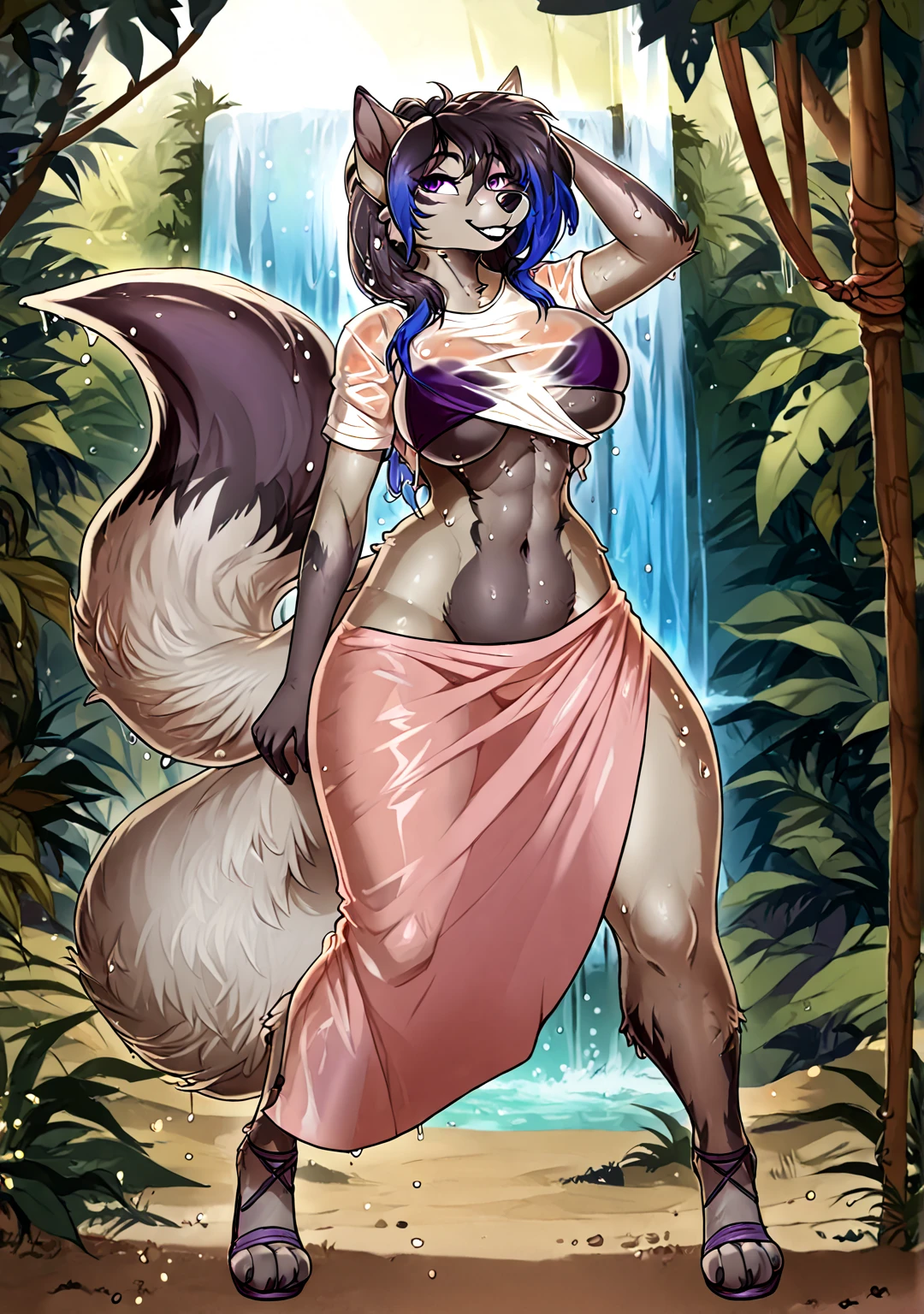 masterpiece, high quality, a look at the viewer, highly detailed, intricate details, This magical creature, an anthropomorphic female fox, stands with a graceful, curvaceous form against the backdrop of a dark forest. Her fur, a blend of midnight blue and shimmering silver, glows faintly in the moonlight. Intricate patterns of luminous white and violet adorn her body, pulsing with magical energy. Her large, almond-shaped eyes are an icy blue, reflecting forest mysteries. Long, delicate ears with silvery tufts and a luxuriant tail with violet and white patterns add to her allure. Her body is covered in thick, plush fur, especially around her chest, where it forms a dense, soft mane that partially conceals her form. She is draped in a flowing mage's robe that covers her body, the deep indigo fabric adorned with mystical runes and symbols, adding to her ethereal presence. Slender limbs end in delicate paws tipped with pearlescent claws. This enchanting female fox exudes an aura of ancient magic, her appearance a blend of natural elegance and otherworldly enchantment.