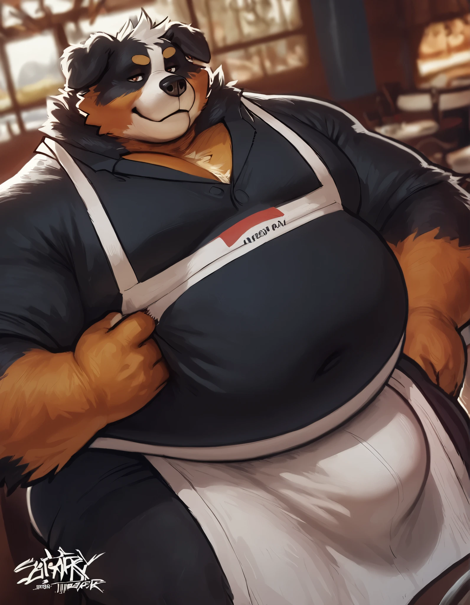 lindong, lucusold, a man with a huge muscular and fat bear making a bread, kitchen , ((muscular, musclegut, big belly)), chef uniform, thicc, giant and muscular, danbooru and artstation, heavy detailed, insanely inflated hips, proportionally arms, commission for high res, detailed but rough, semirealistic:1.3