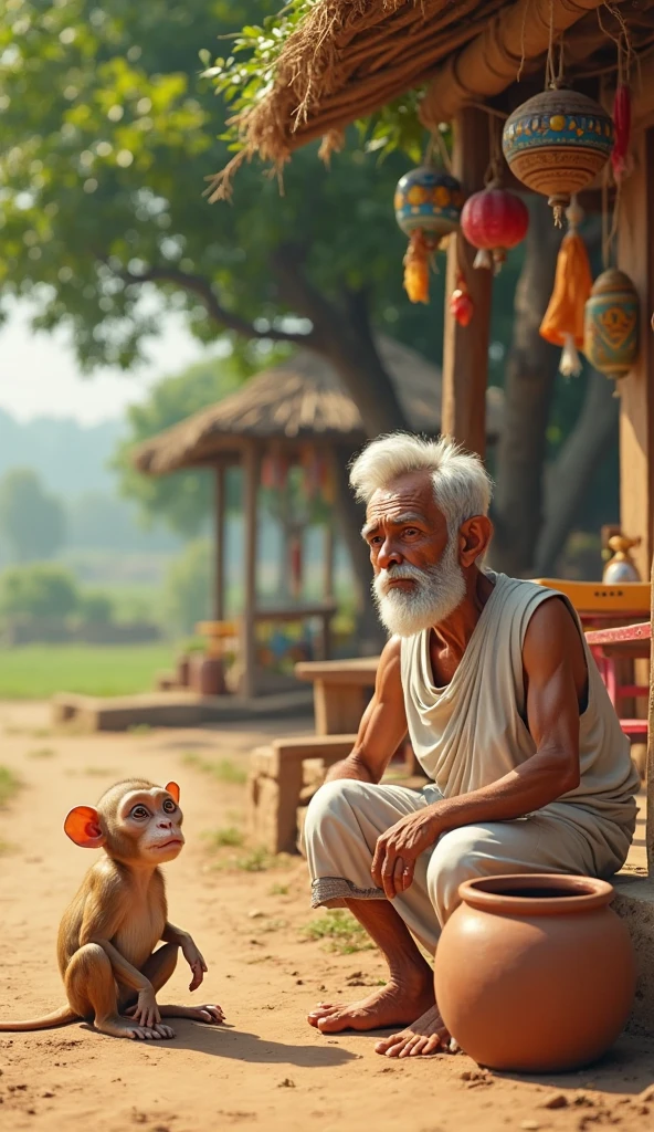 Photorealism 1.4 realistic realism high detailed definition Malaysia native aboriginal orang asli old man sitting and smoking wear short shirtless dark skin monkey beside evening mode curly messy hair dark skin necklace and hand accessories from rattan