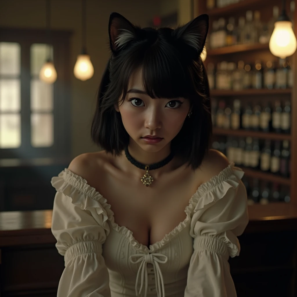 a portrait of a japanese [girl : woman : 20], formally dressed, cleavage, with cat ears on her head, dark shot, city street, sitting, hyperrealism, hdr, filmic, intricate details, rule of thirds