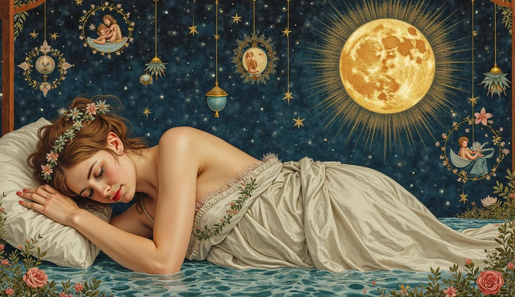 Art style of Klimt, Sam Toft, Florine Stettheimer, Dina Wakley, Catrin Welz-Stein, Gabriel Pacheco, Elisabeth Fredriks. A woman with bare breasts and dark blond hair rests reclining on a blooming dandelion flower. She strokes her cat sleeping on her belly. Around her clouds and sky, red earth, branches, trees, water, yellow sun.