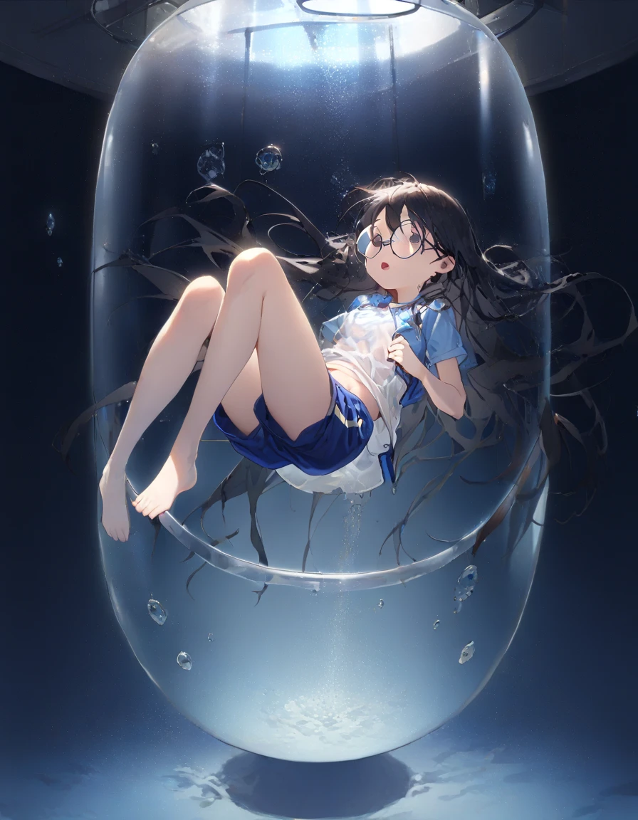 瓶詰めの少female、Being in a jar、Glass、sit、1 person、female、adult、Large、whole body、chest、Thighs、Rich body、Bare Skin、sex appeal、Transparency、beautiful、ephemeral、Half-asleep、Dim light、Blur、Watercolor tones、mystery、vivid、Low Contrast