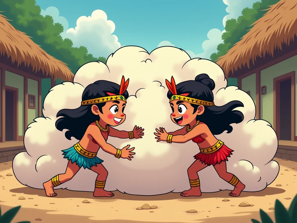 in cinematic cartoon style -front of them, the demoness Shurpanakha, who has a fierce and angry expression, is seen mid-transformation, her demonic features partially revealed. The moment captured shows Lakshmana swiftly cutting off Shurpanakha's nose, with a mix of shock and rage on her face. The background features tall trees and dense foliage, emphasizing the isolation of the forest setting. The atmosphere should be tense, with a sense of impending conflict and the forest bathed in the soft, golden light of the setting sun."