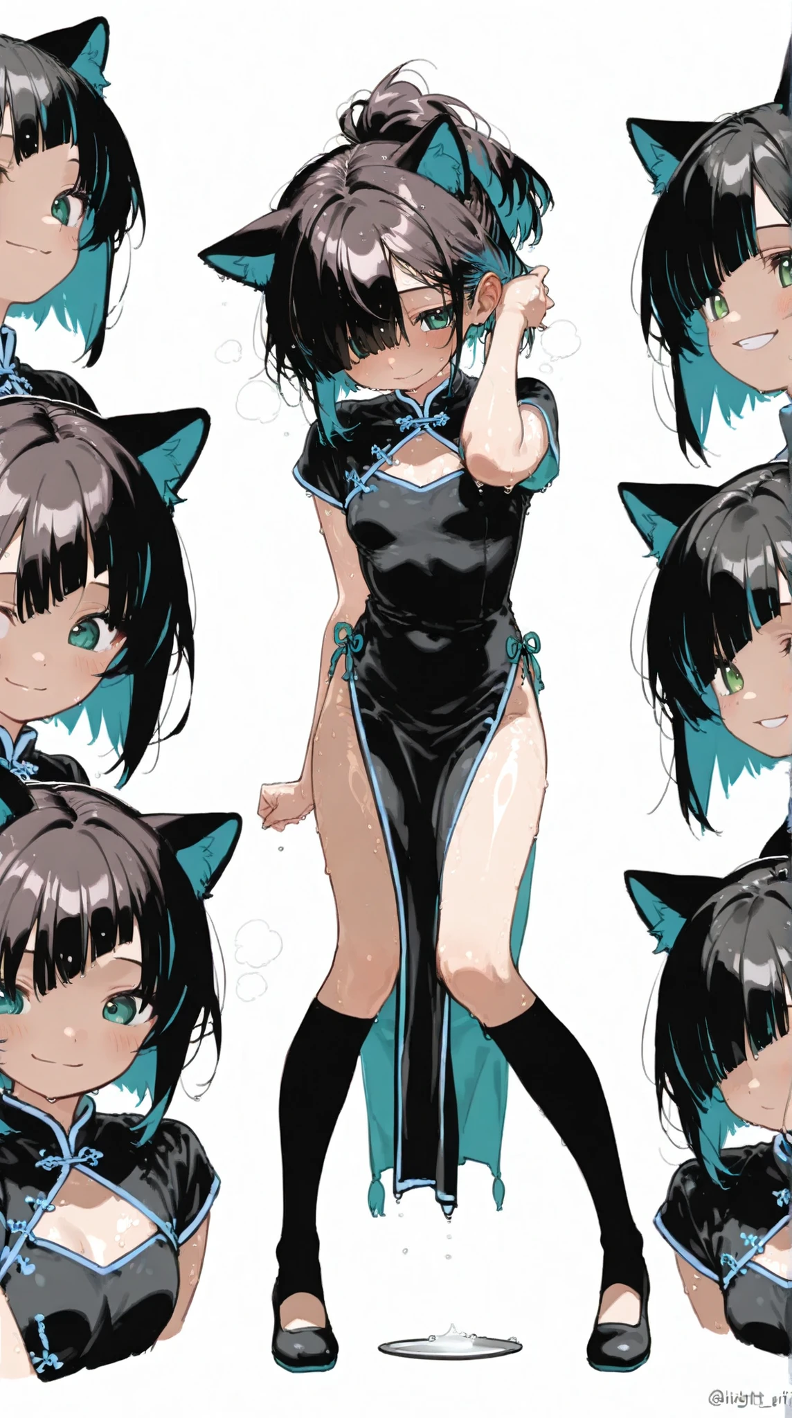 (((white background)))(((One of the girl:1.4)))(high resolutionのmasterpiece,high resolution,High precision in selection,high resolutionモデル,top quality:1.2) (Cook Hold Subjective(masterpiece:1.5)super definition,high resolution,8k) ((girl with cat ears)dark haired,Girl, Complex ,girl,faint smile,dark haired,Girl,Highlight Color Hairstyle,inner color,Behind the ear,Oily ,sweaty skin,Shiny black bangs,wet hair, middle ponytail, diagonal bangs,hair covering eyes:1.3 Beautiful Green Eyes,かわいいgirl、 middle ponytailの小さい女の子,Blue droopy eyes,small breasts,china dress,(Full Body,Screen Fits Body)