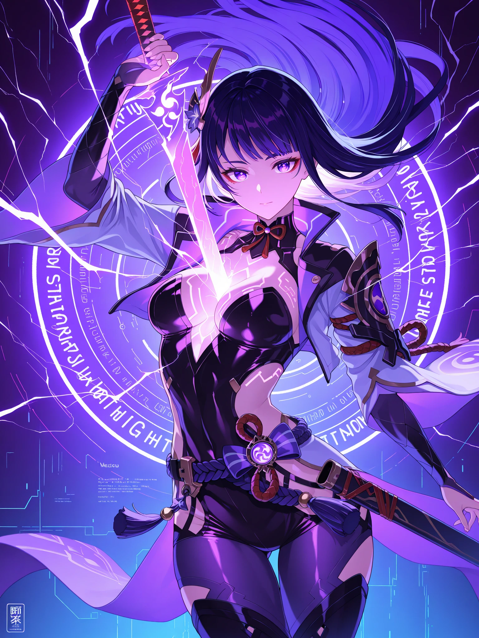 Futuristic demon warrior queen girl in dark ultramarine blue、Wearing coverall armor (((skirt))) mantle (Hem) with swords, ((race)), Futurism, cyber punk, silk, fur, (stockings), (Decolletage), belly button, natural breasts, Because I&#39;m slender, zettai ryouiki, ミディアムレングスのくすんだ緋colorの髪, (Bright magenta eyes with beautiful details), portrait, (beautiful and aesthetic:1.2, fractal art:1.4), 最もrealistic, 超realistic, born, highest quality, highest quality, be familiar with, realistic, 4K high-definition digital art, octane rendering, born物発光, (nice_color), best pixels, 8K Ultra, Highly detailed CG Unity 8K wallpaper, cinematic lighting