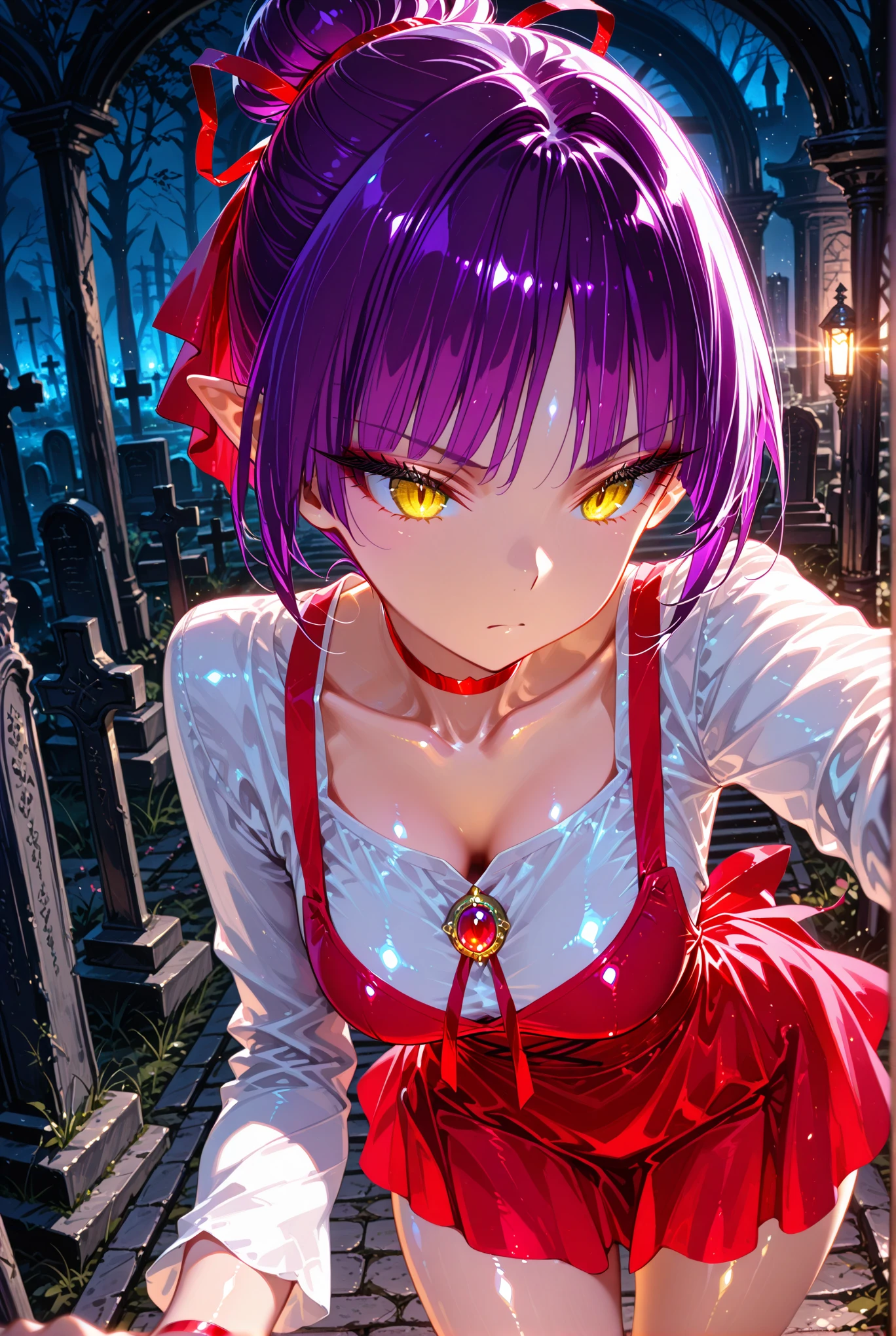 1girl, necromancer, dark robes, gloves, fishnets, dark veil, purple hair, purple eyes, black lipstick, in a graveyard, black flowers, gothic, horror, dynamic view