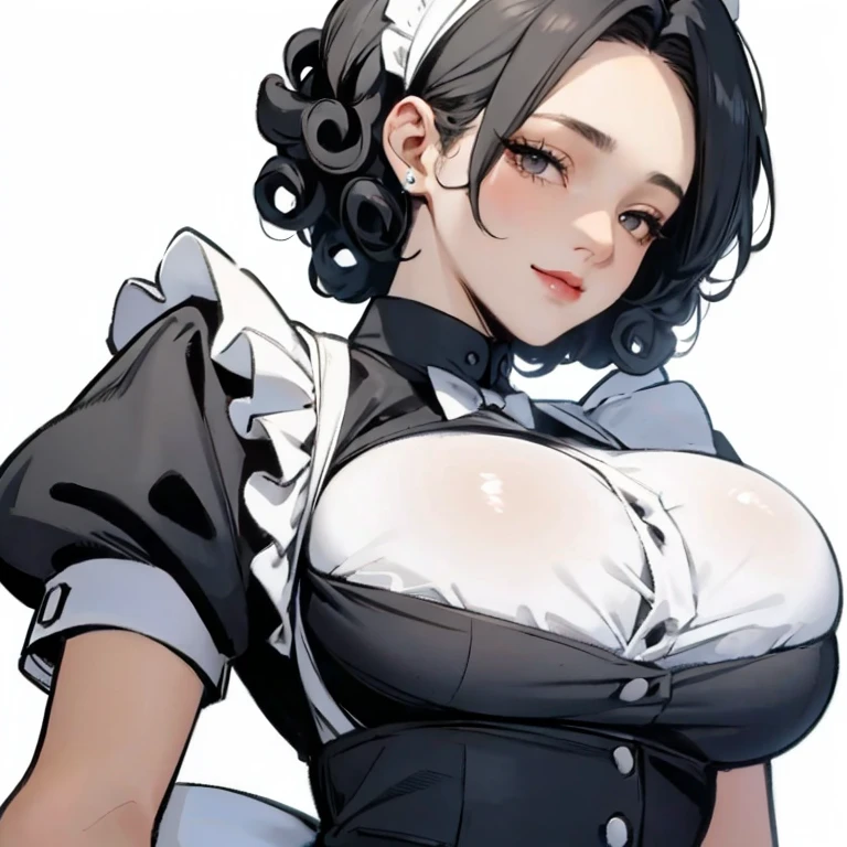 score_9, score_8_up, score_7_up, score_6_up, score_5_up, score_4_up, hot mature  milf  waitress,black hair, glossy lipstick, tattoo ,curvy ,body charm, teardrop earrings , jawline , wavy hair,black eyes, face,blushing,hair between eyes,maid dress, cleavage ,cute smile on face,