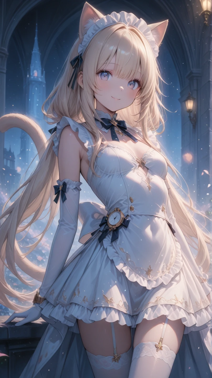 {{masterpiece}}，best quality，Highly detailed CG Unity 8K wallpaper，One woman，movie lighting，lens flare glow,
perfect style, perfect body, Floral lace, cute flare mini dress, mini dress with ribbon, emphasize the chest, shiny thighs, costume with lace, The luxurious interior of a high-class brothel, white rose flower, Lace white stockings,