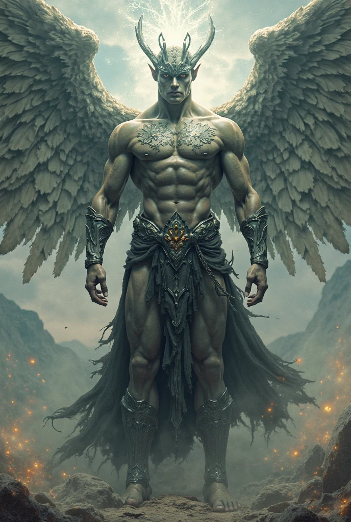 Tall man with human features , White skin ,wide arms flat stomach good body angel wings black eyes prominent lips front view horns on the sides semi long hair simulation. To the times before Christ