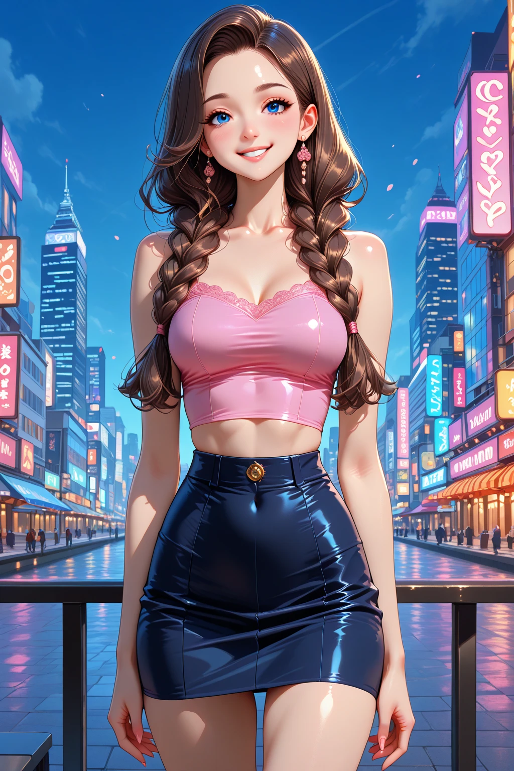 1girl, Mature female, sexy, fitness body, legs, Full Breasts, freckled, perfect face, makeup, make-up, red lips, Round Eye Shape, (Flirty smile facial expression:1.3), Harem pants and bandeau top, Tall, Wide Hips, Triangular Face, Dark Skin, Auburn Hair, Brown Eyes with Green Flecks, Long Nose, Thin Lips, Receding Chin, Shoulder-Length Hair, Coarse Hair, Boho Braid, saggy breasts, Threader earrings, soft pink satin lipstick
A secluded rooftop terrace with a stunning cityscape view, wide angle, long shot,
good hand, 4k, high-res, masterpiece, best quality, proportional head:1.3, finely detailed skin, sharp focus, (cinematic lighting), night, soft lighting, dynamic angle, (detailed face without mask:1.2),