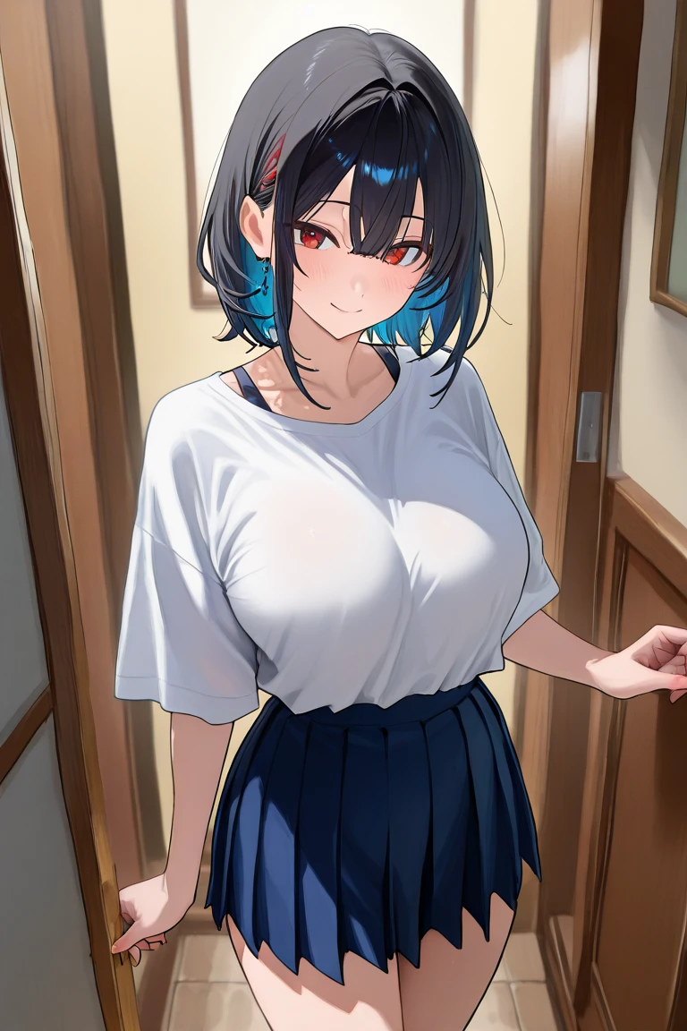 My name is Yumi, I am a white test woman with long dark blue hair, red eyes and red . I am 1.62 cm tall and weigh 47 kg. My breasts measure 200 cm, my waist 50 cm and my hips 200 cm. Dressed in a tight, low-cut pink blouse along with short black shorts . With big breasts 200 cm