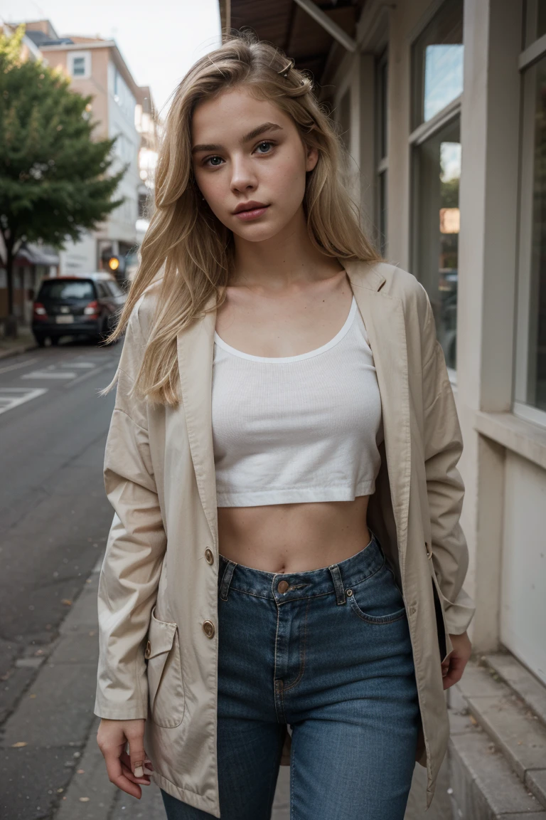 rainy weather, foggy, heavy atmosphere, blonde woman, long blonde wavy hair, platinum blonde, photorealistic, ultra quality, beautiful, long wavy hair, white tank top, standing outside, holding a white umbrella, city, holding umbrella with hands, medium umbrella, blue jeans, hands holding umbrella