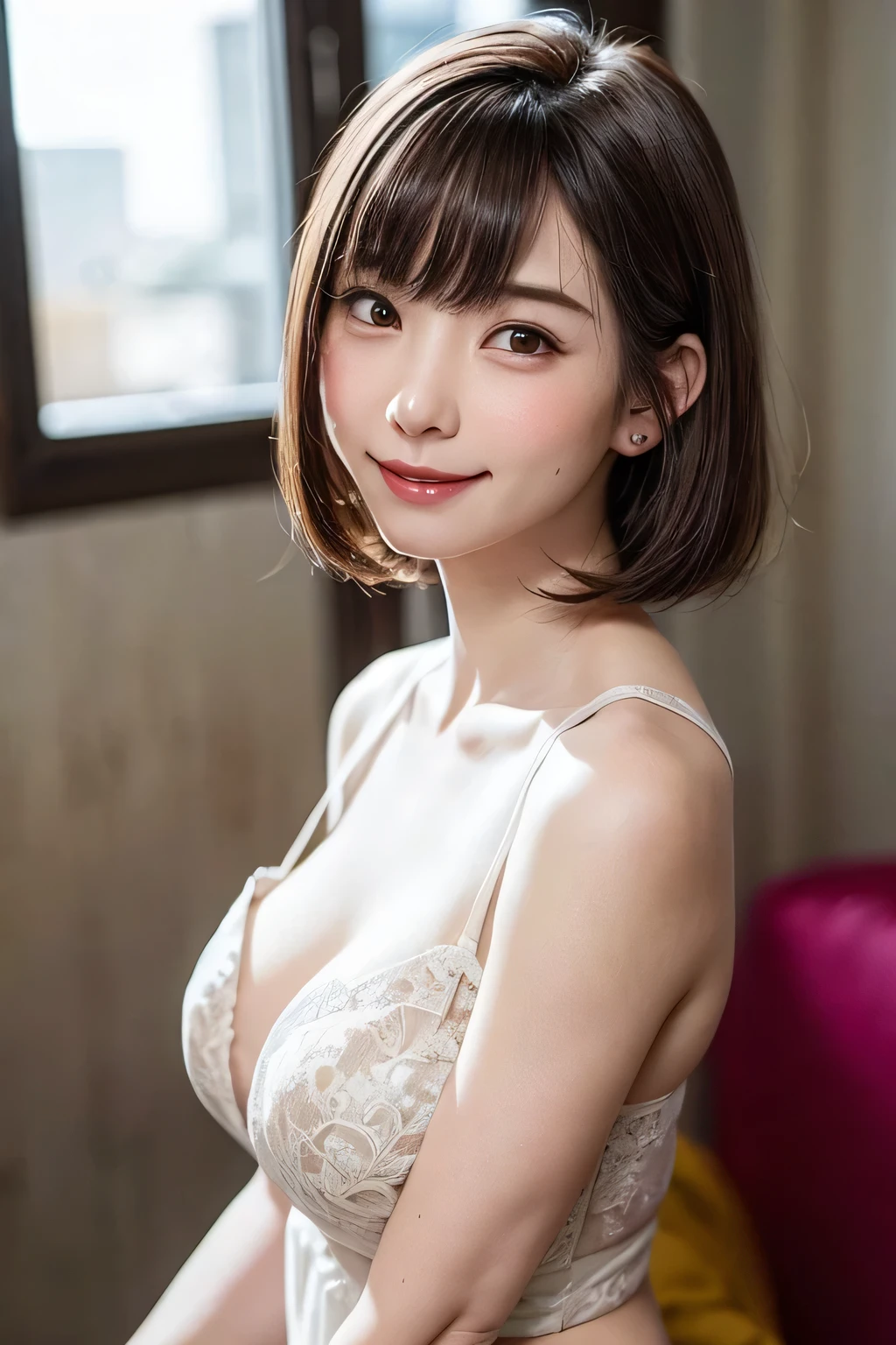 1 girl, alone, alone focus, Cowboy Shot, Portraiture, Beautiful small with delicate design:1.4, Detailed design of school uniform:1.4、Pure beauty、Lovely beauty、Transparent beauty、Cool feeling、Transparent beauty、Very beautiful glossy skin、Half watercolor, Half Green, ((Brown Hair、bangs)), (Short Bob Hair:2、Gradient Hair :1.5), Curly Hair, ((Pink Eyes)), Very detailedな目, Sunburn, (Dark Caramel Skin:1.1)、({Huge|big|Hugeな|Mega} chest:2, chestの谷間:2)、(Attractive and beautiful woman、A little beautiful face、beautiful long neck、Put out your ears、Shoulders are a little wide、Beautiful supermodel figure、Happy smiling face with mouth closed、Perfect Anatomy), (highest quality, Very detailed, so beautiful)、so beautiful芸術的な背景, delicately painted, Reminiscent of Western art:2