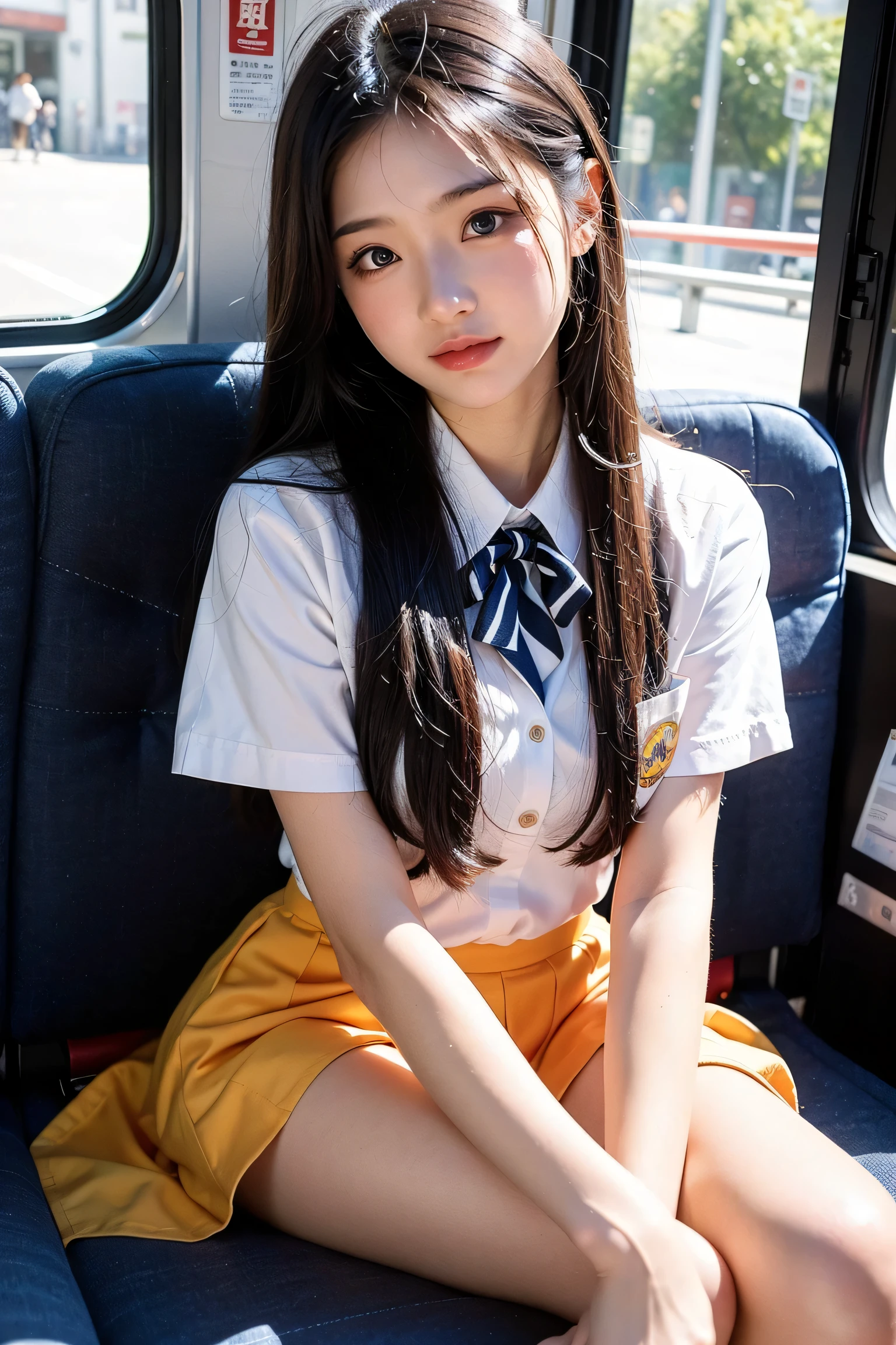 (Best-quality, Masterpiece, Ultra-High-Resolution, (Photorealistic:1.4), Raw Photo, depth of field, professional lighting, perfect anatomy, extremely details), 1girl, 15-years-old, the most famous Japanese idol, sitting on train, ((wearing Japanese high-school uniform)), looking at viewer, get sexually-excited, orgasms-face, orgasms-eyes