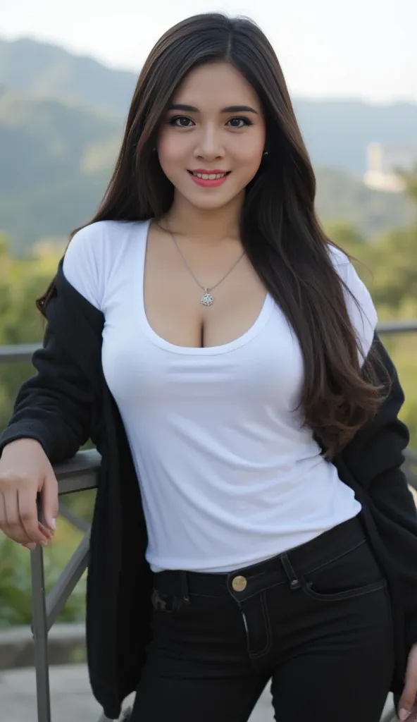 （lifelike， high - resolution：1.3）， 1 Indian girl with a perfect body， Super fine face and eyes，slong hair,small blouse,  big breast，Expose cleavage, fullbody ,spreading legs,big butt, high raise jeans, sexy rad one pose,lake background