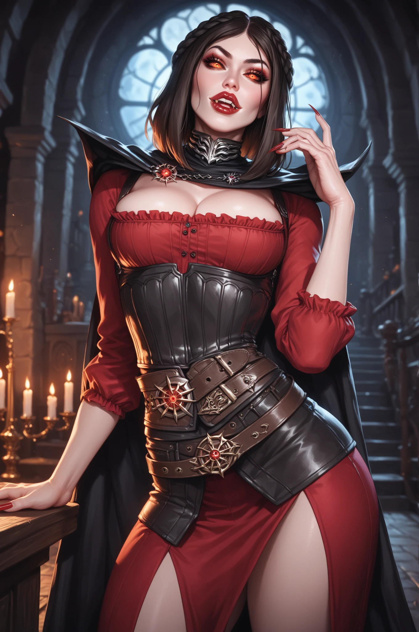 (masterpiece, top quality, best quality, official art, beautiful and aesthetic:1.2), (1girl:1.3), long and curly dark brown hair, extremely detailed, portrait, looking at viewer, solo, (full body:0.6), detailed background, close up, mischievous eyes, (warm summer castle theme:1.1), sorceress, charlatan, smirk, mysterious, walking in courtyard, revealing ((dark red)) sorcerer attire, red knee-length red skirt, off shoulder, straps, long sleeves, loose sleeves, cloak, corset, black leggings, black trousers, black pants, long brown boots, buckles, straps, pouches, (glowing magical energy, casting a spell), red fabric, white trim, ((((gigantic breasts, cleavage, skindentation)))), slim waist, slim hips, long legs, medieval (castle exterior:1.1) background, dark mysterious lighting, shadows, magical atmosphere, dutch angle