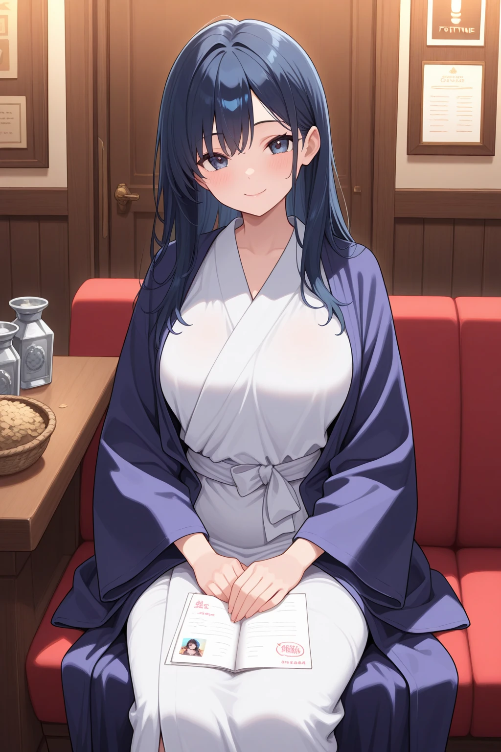 masterpiece, best quality, very aesthetic, absurdres, 1girl, inoue takina, lycoris recoil, long hair, bangs, twintails, black hair, (purple eyes:1.2), japanese clothes, kimono, apron, waist apron, blue kimono, waitress, Sitting, (breast grab:1.3), full body