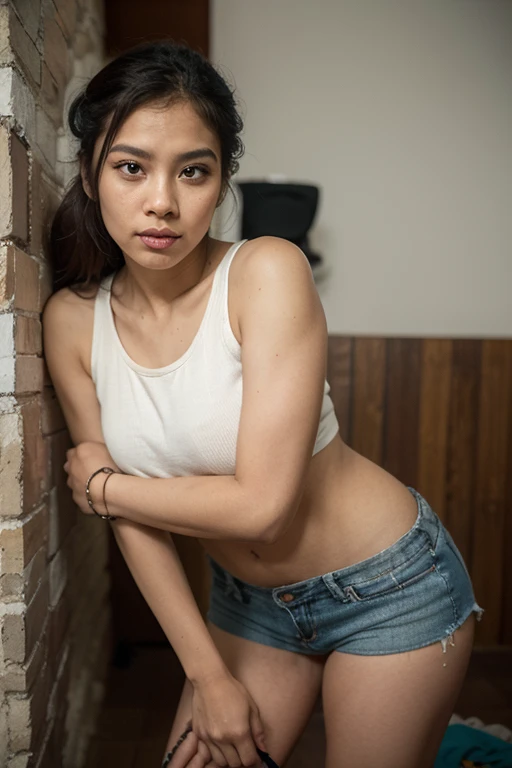 (Polinisia bronceada sexy|Asian woman, 1 girl:1.2, thicc hourglis figure, Perfect eyeliner:1.2), (Obra maistra:1.4, Best Quality), medium breasts, unity wallpaper 8k, ultra detailed, (pastel background, vistiendo pantalonis cortos de mezclilla y una camiseta sin mangas colorida:1.3), seductive pose, Upper part of the body, is, hermoso y istetico, detailed, Alone, de fondo unA Sala de istar abandonada, paredis discascaradas con moho, mueblis rotos y disgastados, sofas with torn upholstery and dried blood stains, ventanas con cortinas dishilachadas, suelo cubierto de polvo y iscombros, fallen and broken paintings, una lámpara de pie parpadeante en una isquina