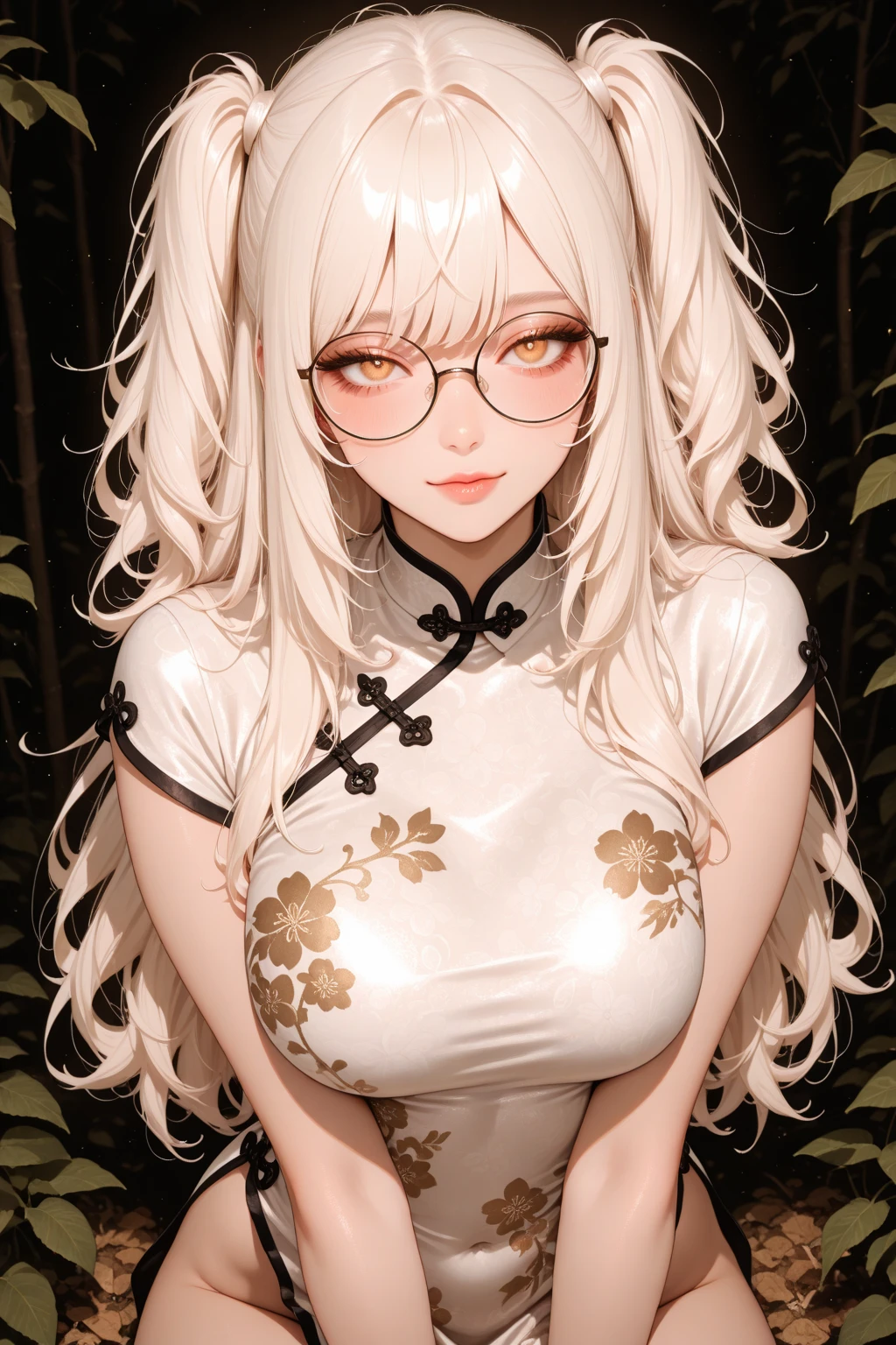 (masterpiece),(best quality), (fantasy:1.4), Surrealism, shadow, Relief, Stereogram, Atmospheric perspective, 8K, Super Detail,A moon, Yellow flowers , Paper_cut, 1 Girl,Upper Body,Fashion Girl,cheongsam,Chinese clothes,Hair accessories,(Glowing skin),Red lips,Looking at the audience,Large Breasts,Open your mouth, Solitary, (White hair, Long hair), Perfect face and glasses, Glowing light particles, Dynamic Angle,
