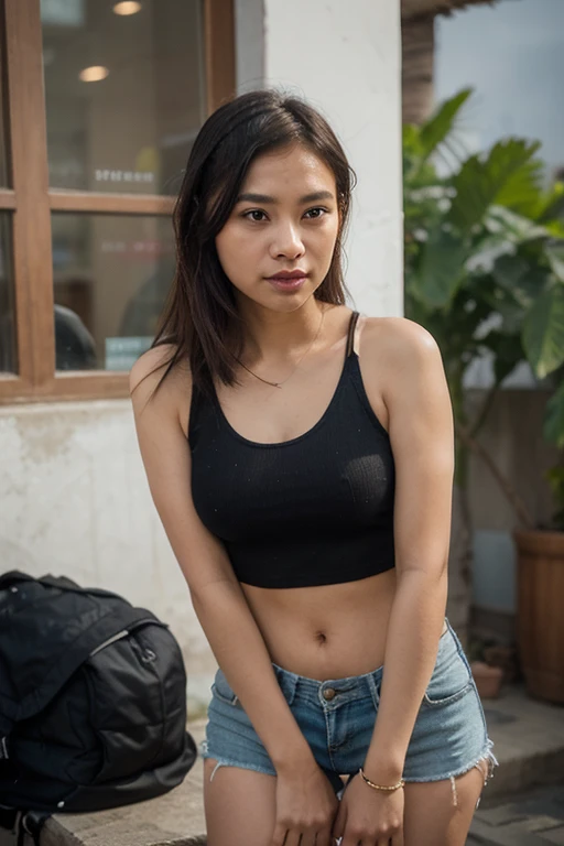 Dslr photo, (extraarms:1.2), (8k, 4k, masterpiece),beautiful pretty filipina asian woman, punk, outdoors, street, sleeveless black cropped shirt, denim shorts, short dark hair, bracelets, arm bands, blurry background, (upper hands on head), (lower hands on hips), (lower hands on legs), (lower hands on bench), (elbows out), boots, full subject in frame, full body view, sitting on bench, (extraarms:1.2), (four arms), slim body,