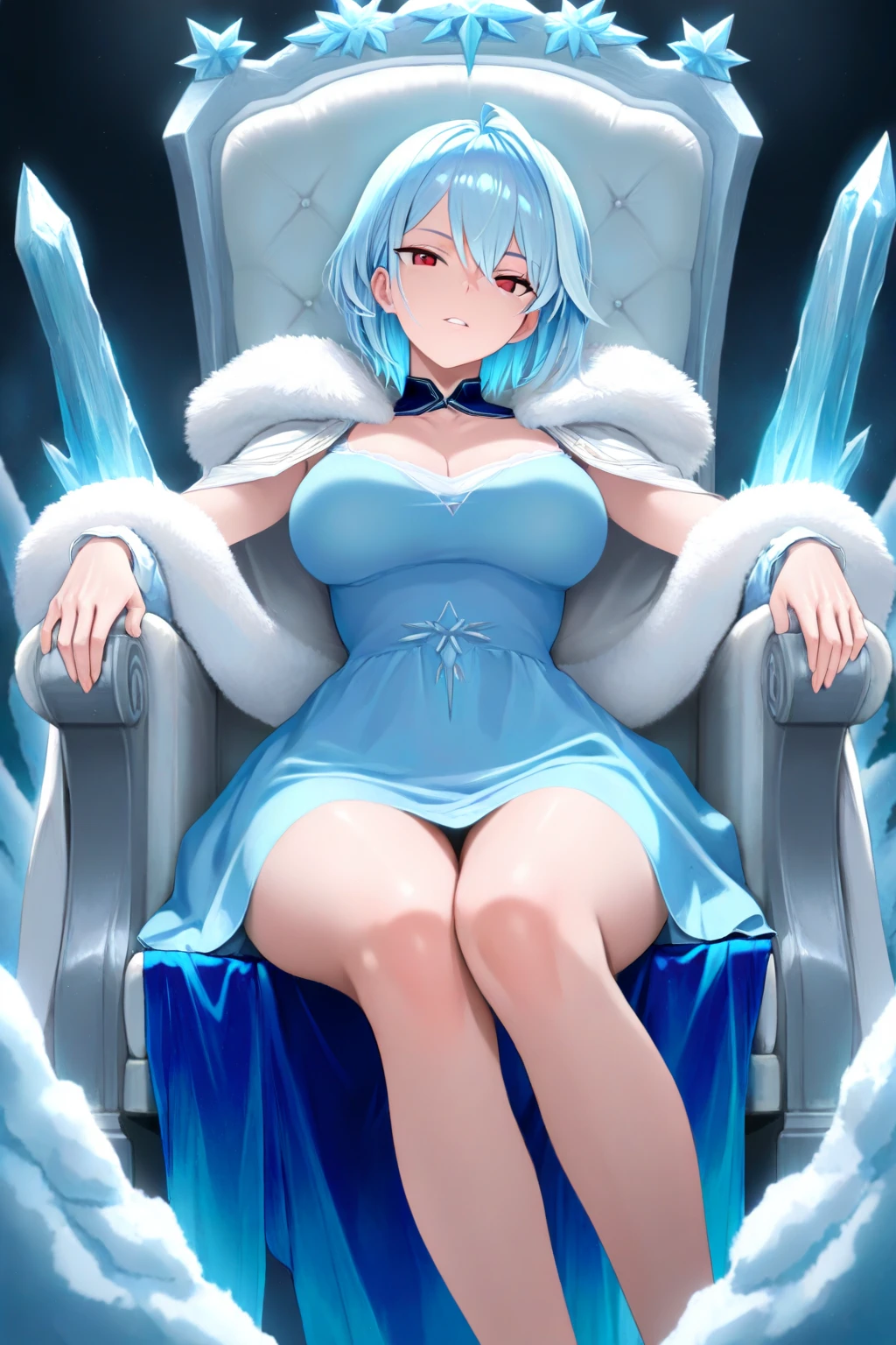 Ice bird, large breasts (G size), ice bikini, ice wings, light blue hair, dark blue eyes, boots made of ice, ice flowers on hair, ice choker, blue snow coat