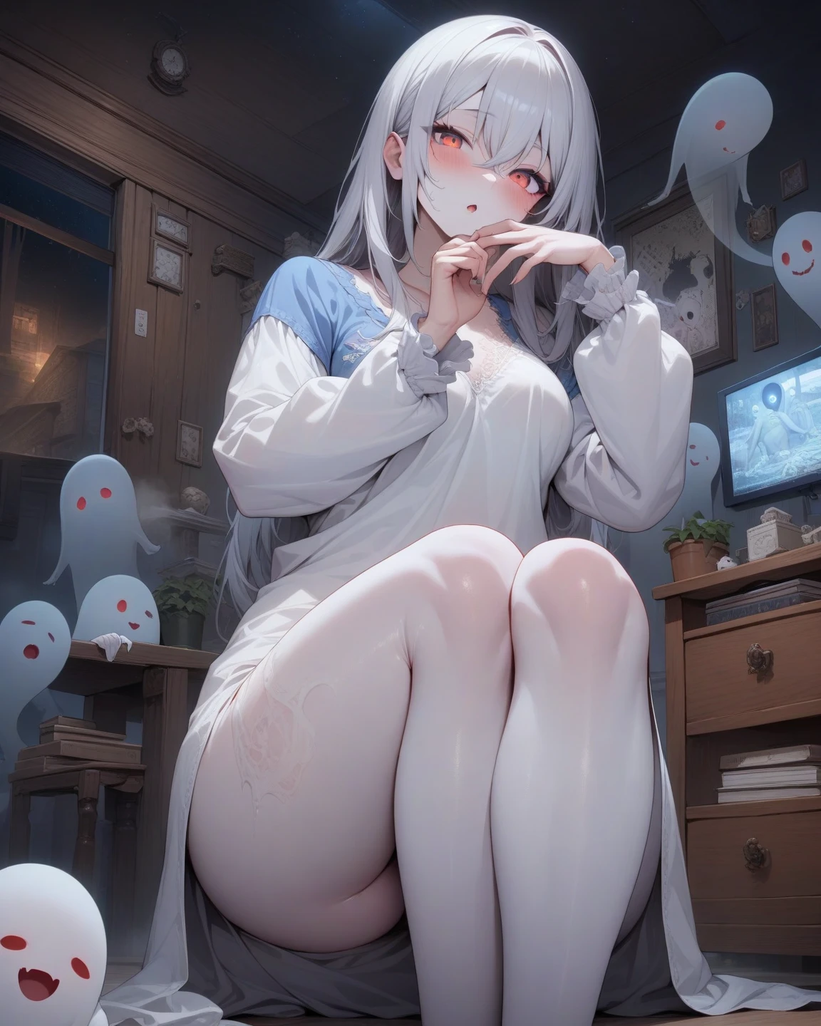 shoot from below、ghost、darkness、Dimly lit room、真夜中の古いghost屋敷の中で、Japanese style、kimono、ruins、Girl、Girl、Short、Younger、Lower school year、Baby Face、Both eyes open、Pale skin、Nipples、flat chest、Dynamic Angle、Displeased、Creepy、scared、suspicious、suspicious、Ghost、My clothes are torn、Half naked、The body is slightly transparent、My legs are disappearing、I feel lifeless、Dead、Ghost、Panties、Injured