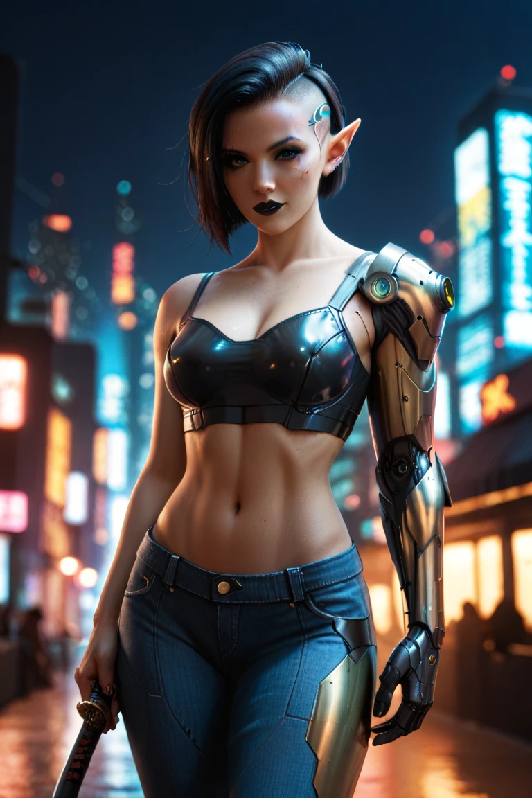 A realistic cinematic 8k resolution shallow focus scene captured with soft natural lighting and shading with a powerful sense of ultra-realism that shows a (full body) (young woman) proudly standing with an defiant expression with very fluid movements in front of a stunning hyper-realistic cyberpunk Neo-futurism city with a stunning cloudscape in the background.

She is (Wearing a futuristic tangerine jacket and low cut jeans on top) of her (insanely detailed, elegant and ornate anatomically sculpted bio-mechanical graphite fractal body delicately embroidered with tiny ruby and Bloodstone details and kitten ears:1.2)

She has a slender fit cyborg body, a young round face, ([dark:ruby:0.51] short bob cut messy hair:1.3), expressive round dark-blue eyes, lovely full lips, and a beautiful small round nose, soft colorful makeup.