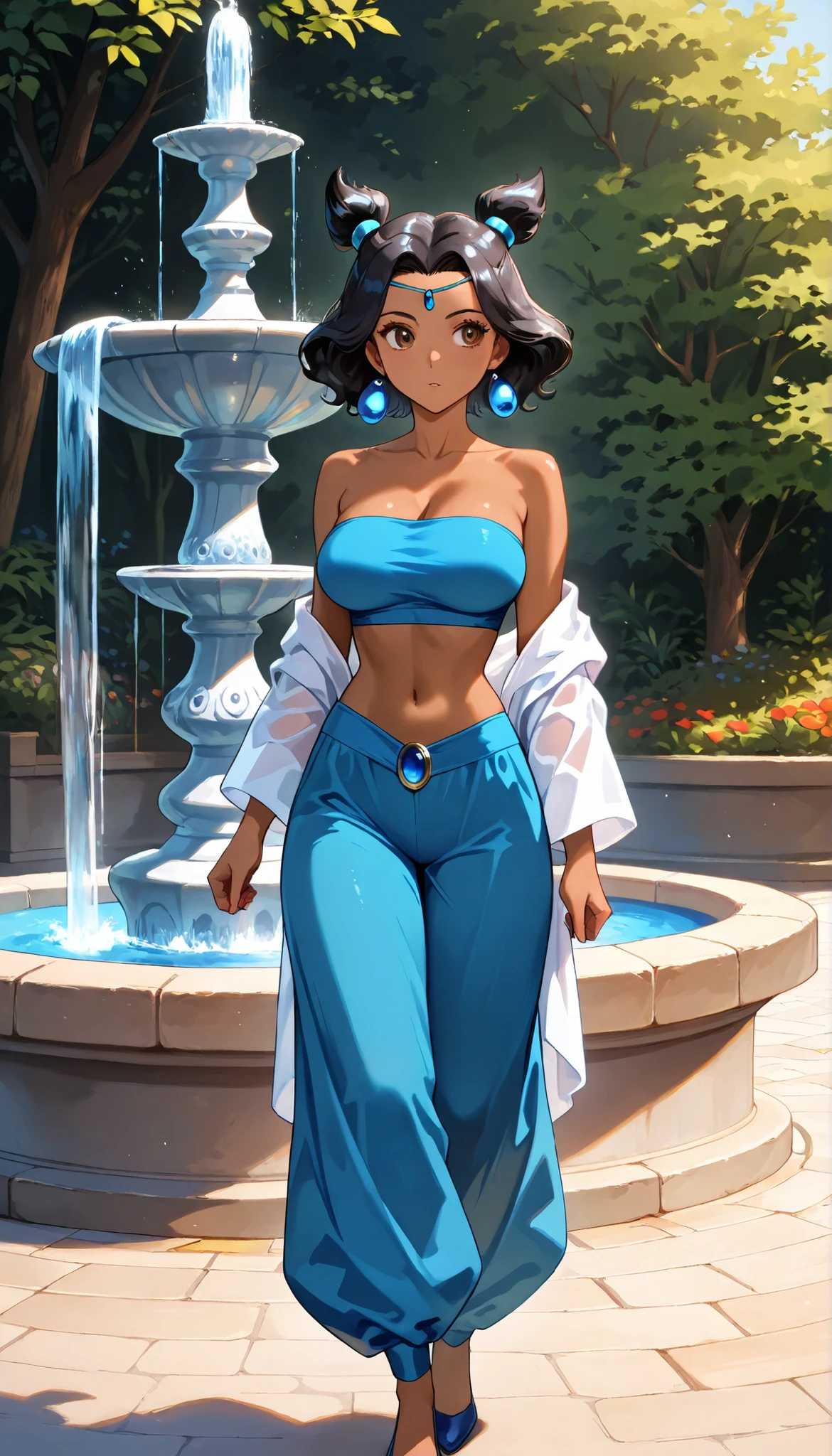 high resolution, High precision in selection, 1girl, jasmine, Dark skin, black hair, brown eyes, blue tube top, off shoulder, blue ring , blue harem pants, Multiple Knot Hair , very large breasts (F90), Standing sensually, looking shyly at the observer, Oriental garden with a fountain,