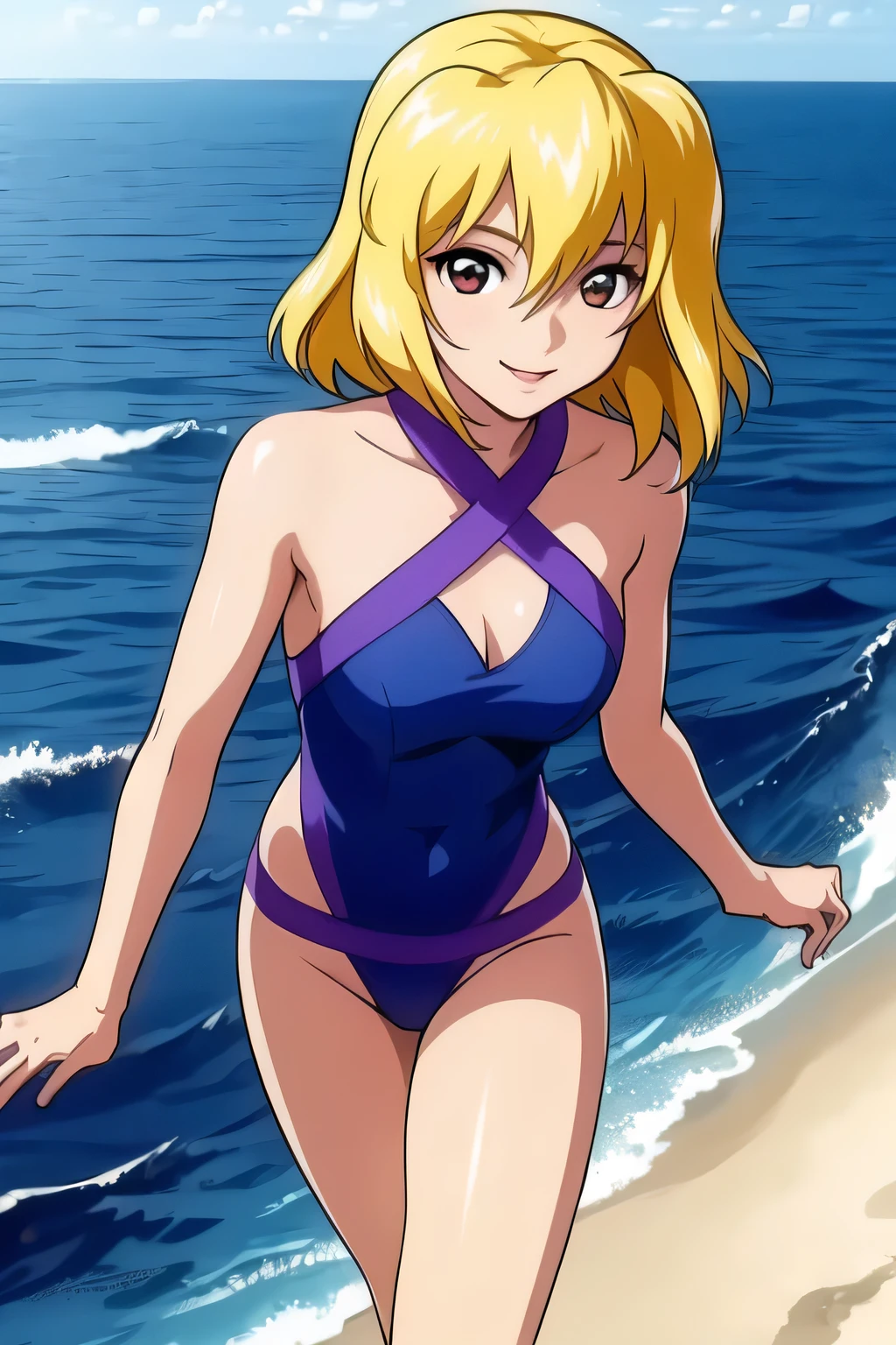 アニメの女の子 in a red and pink swimsuit on the beach waving、Short blonde girl、yellow eyed girl、solo、is wearing a swimsuit、ワンピースswimsuit、clothing:ハイカットswimsuit、swimsuit、redとピンクのタンクスーツを着た女性、ワンピースswimsuit着用、wet swimsuit、redとピンクのハイレグレーシングスイムウェア、競泳swimsuit、redとピンクのハイレグレーシングスイムスーツ、(anime woman)、on the beach、bewitching girl wearing tanksuit、水泳競技用swimsuit、beautiful anime girl、red:8 pink:2、highleg、cute girl wearing competition swimsuit、 cute anime girl、big breasts、girl with very big breasts、cleavage、in the sea、pretty anime girl、anime moe art style、Smooth anime CG art、Also、anime best girl、naughty anime style、!!full body portrait!!、beautiful charming anime teen、