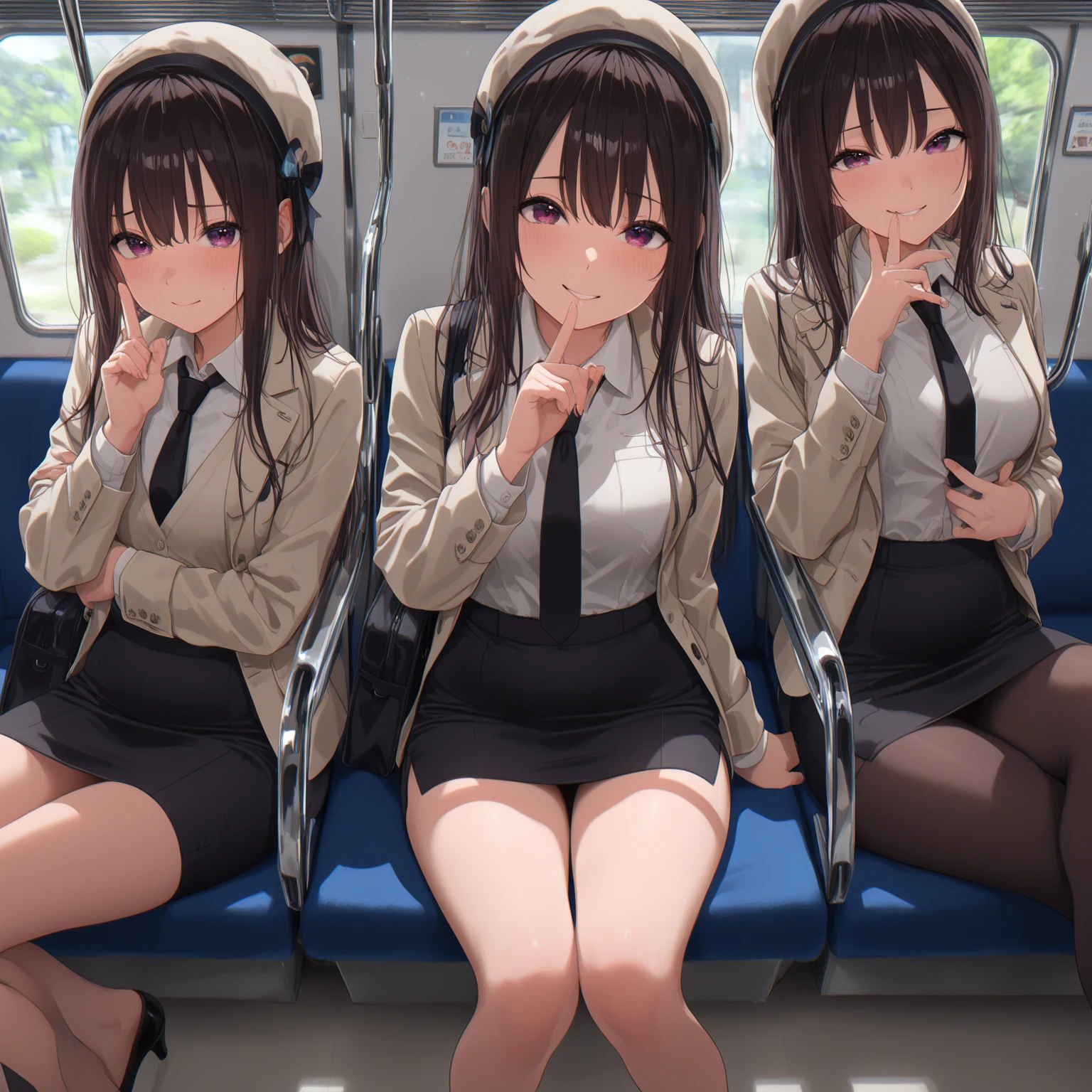 ((Highest quality)), ((masterpiece)), (detailed), sexy(Browsing Caution),sexyな魅力、Professional female photographer, , Eight heads and bodies ,Mine system,Panty shot , Under the skirt,Low - Angle,Back view,10 people,Knee-high,Mr.々Panties,White Skirt.on the train